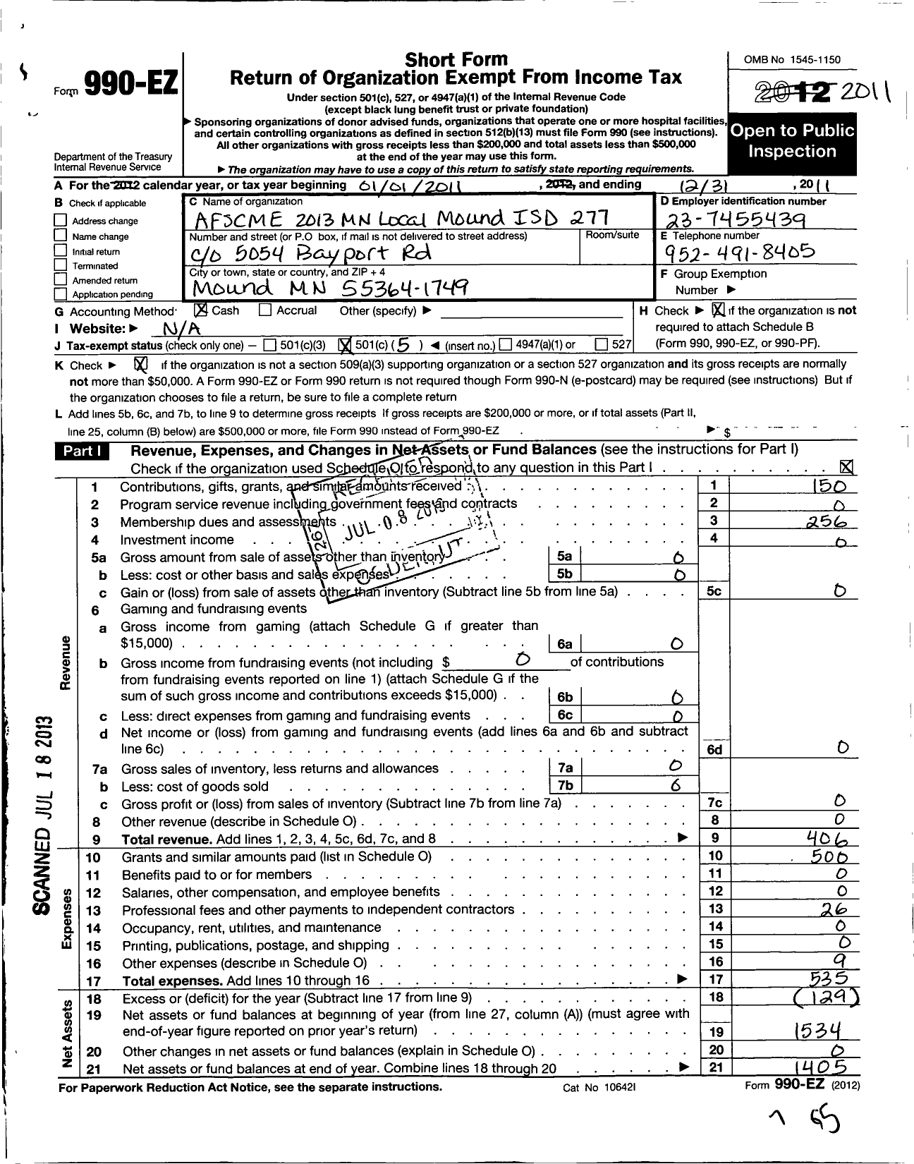 Image of first page of 2011 Form 990EO for American Federation of State County & Municipal Employees - L2013MN Mound Indep SCH Dist277