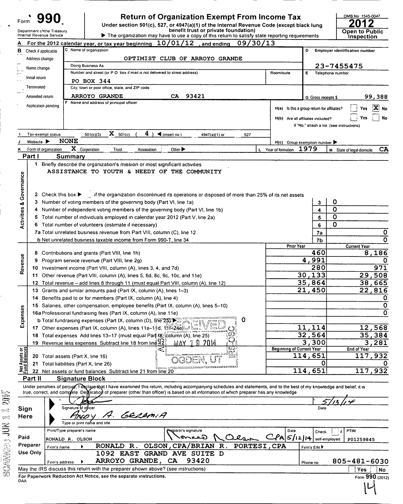 Image of first page of 2012 Form 990O for Optimist International - 14020 Oc of Arroyo Grande Ca