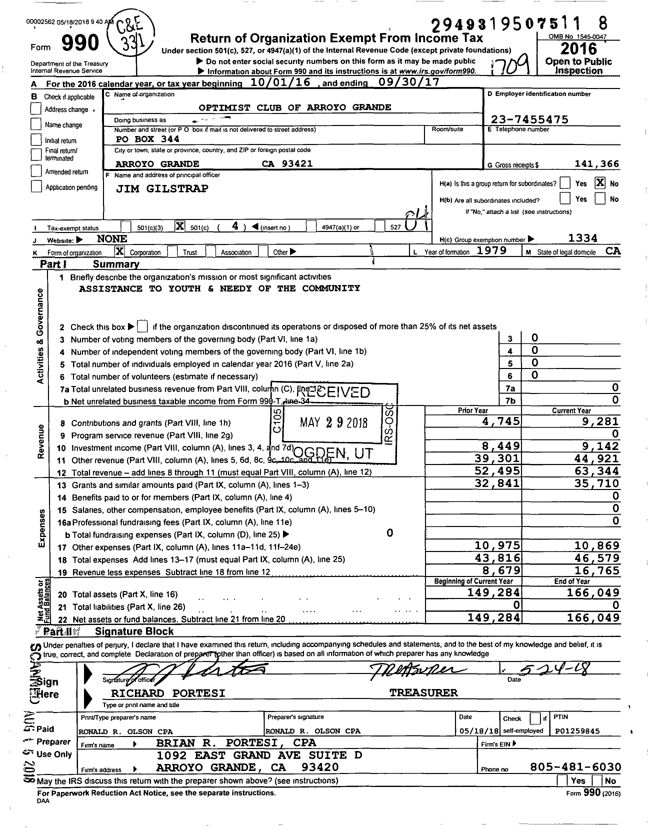 Image of first page of 2016 Form 990O for Optimist International - 14020 Oc of Arroyo Grande Ca