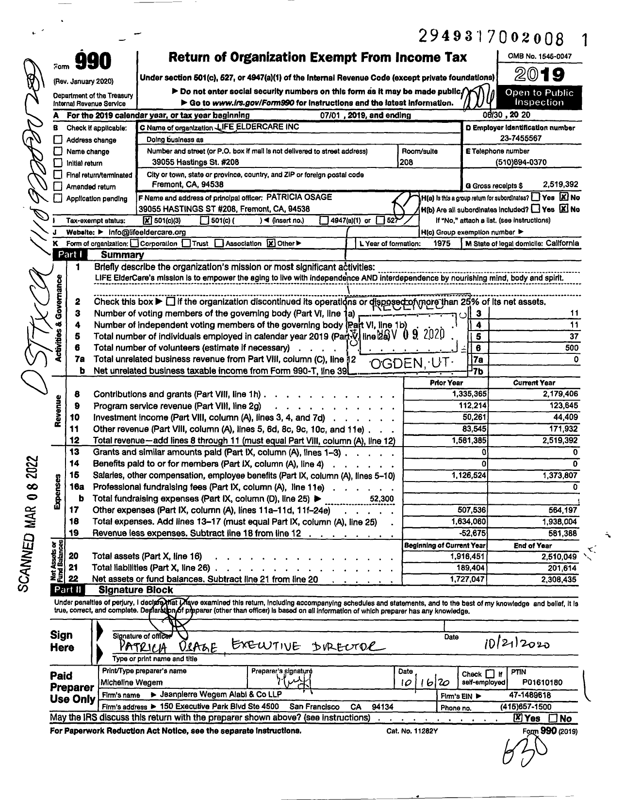 Image of first page of 2019 Form 990 for Life Eldercare