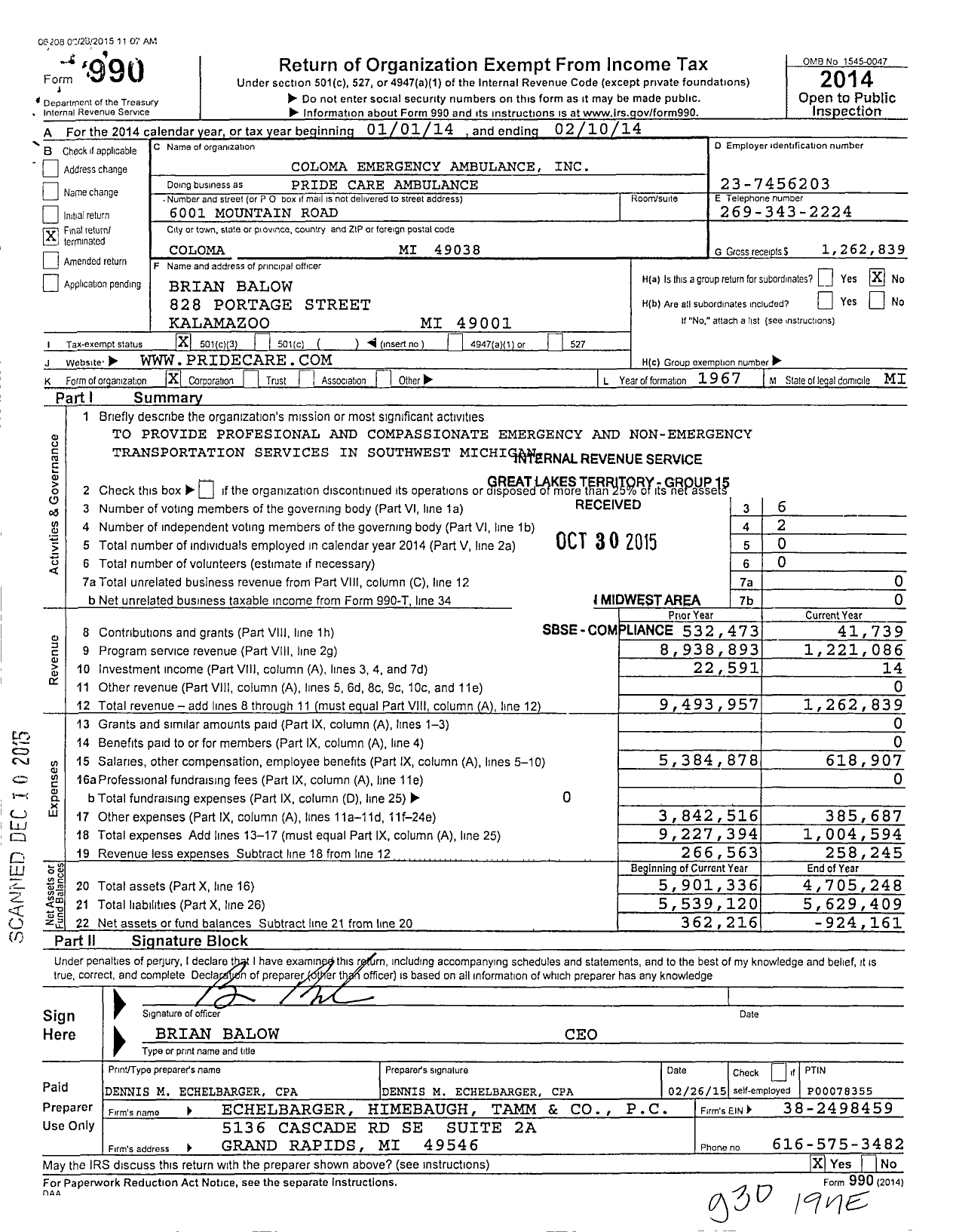 Image of first page of 2013 Form 990 for Coloma Emergency Ambulance