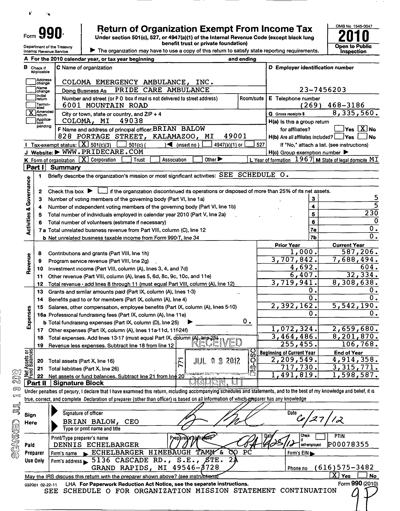 Image of first page of 2010 Form 990 for Coloma Emergency Ambulance