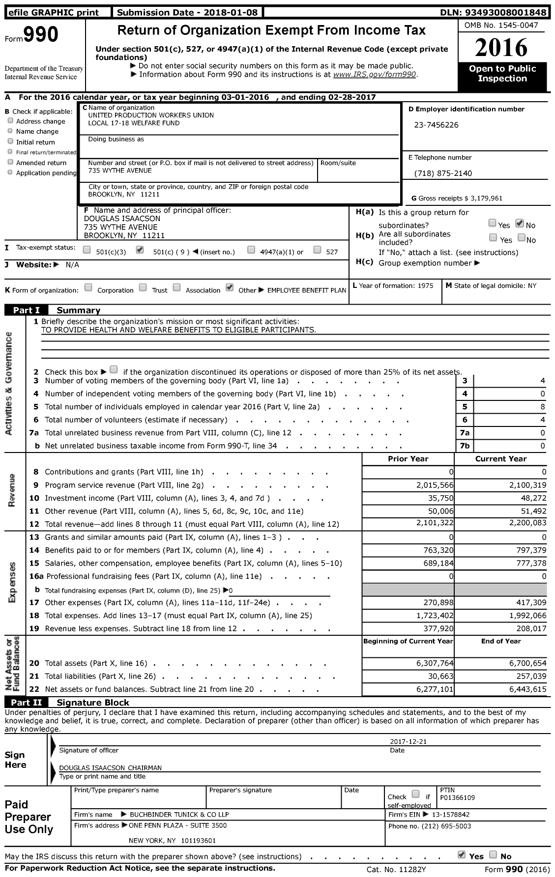 Image of first page of 2016 Form 990 for United Production Workers Union Local 17-18 Welfare Fund