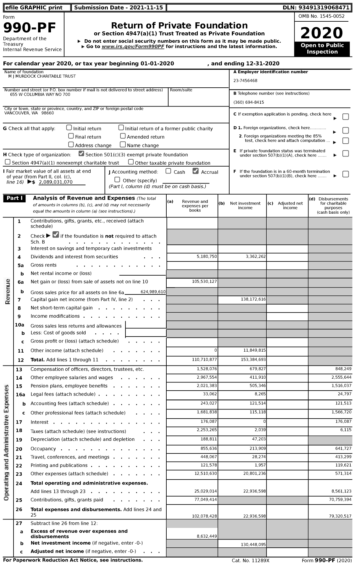 Image of first page of 2020 Form 990PF for M J Murdock Charitable Trust