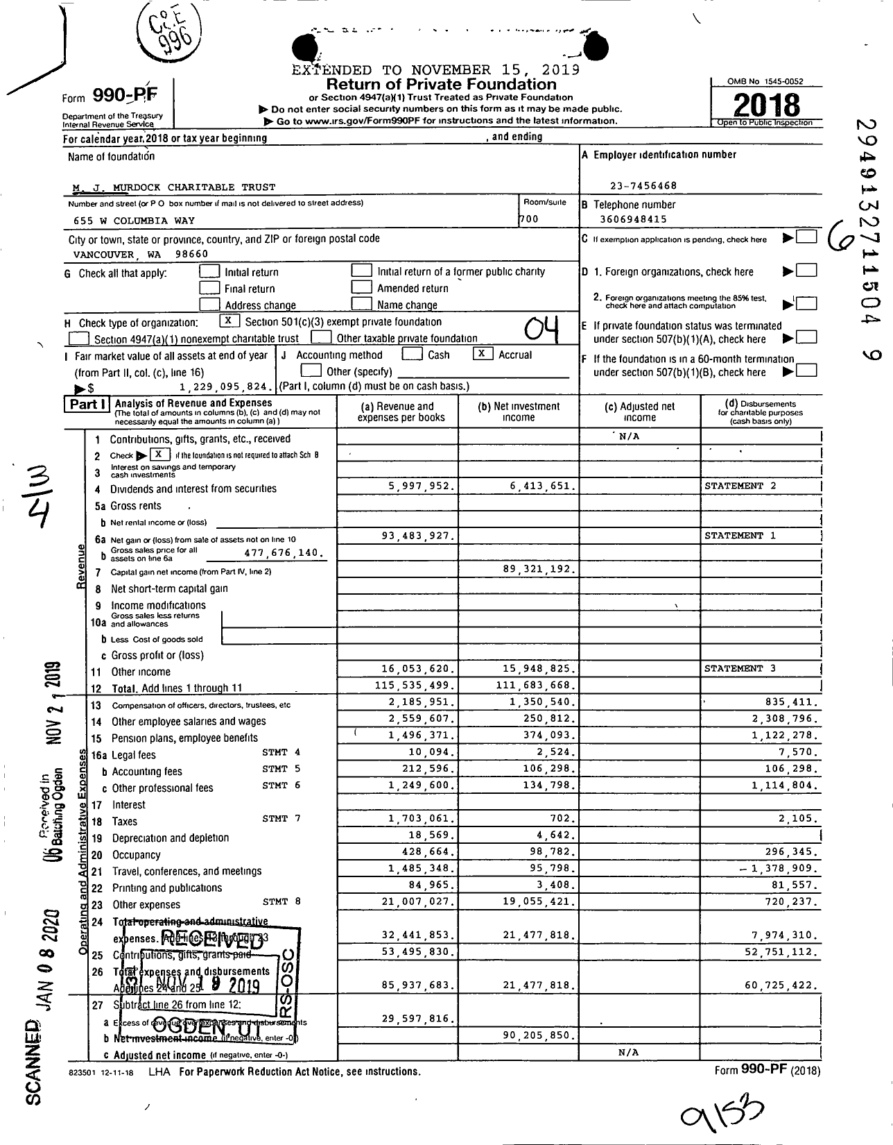 Image of first page of 2018 Form 990PF for M J Murdock Charitable Trust