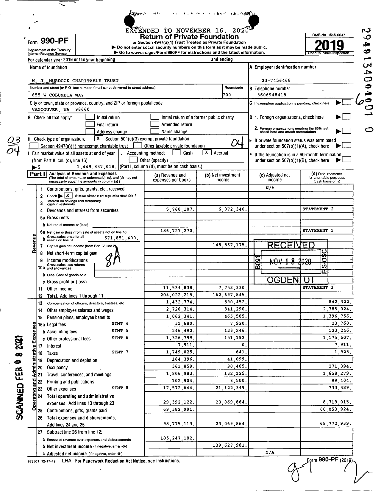 Image of first page of 2019 Form 990PF for M J Murdock Charitable Trust