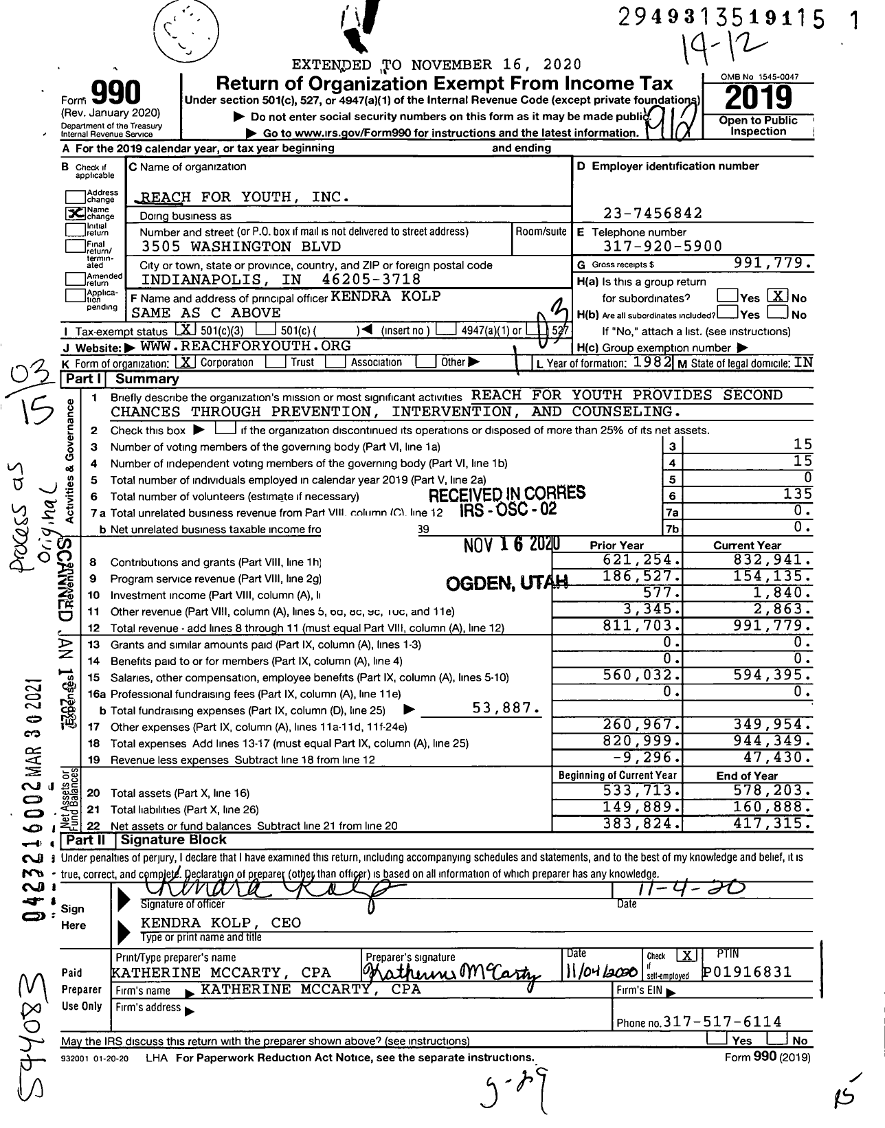 Image of first page of 2019 Form 990 for Reach for Youth