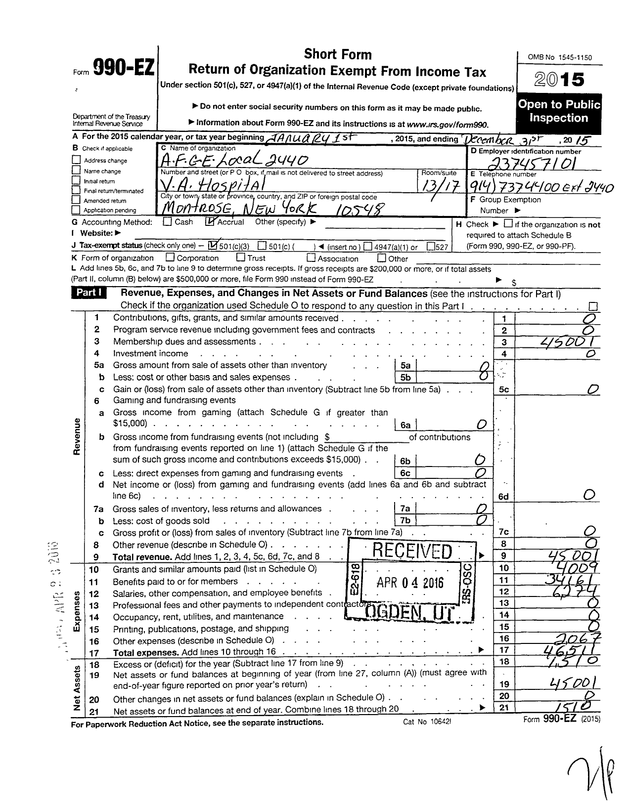 Image of first page of 2015 Form 990EZ for American Federation of Government Employees - 2440 Afge-Va Local