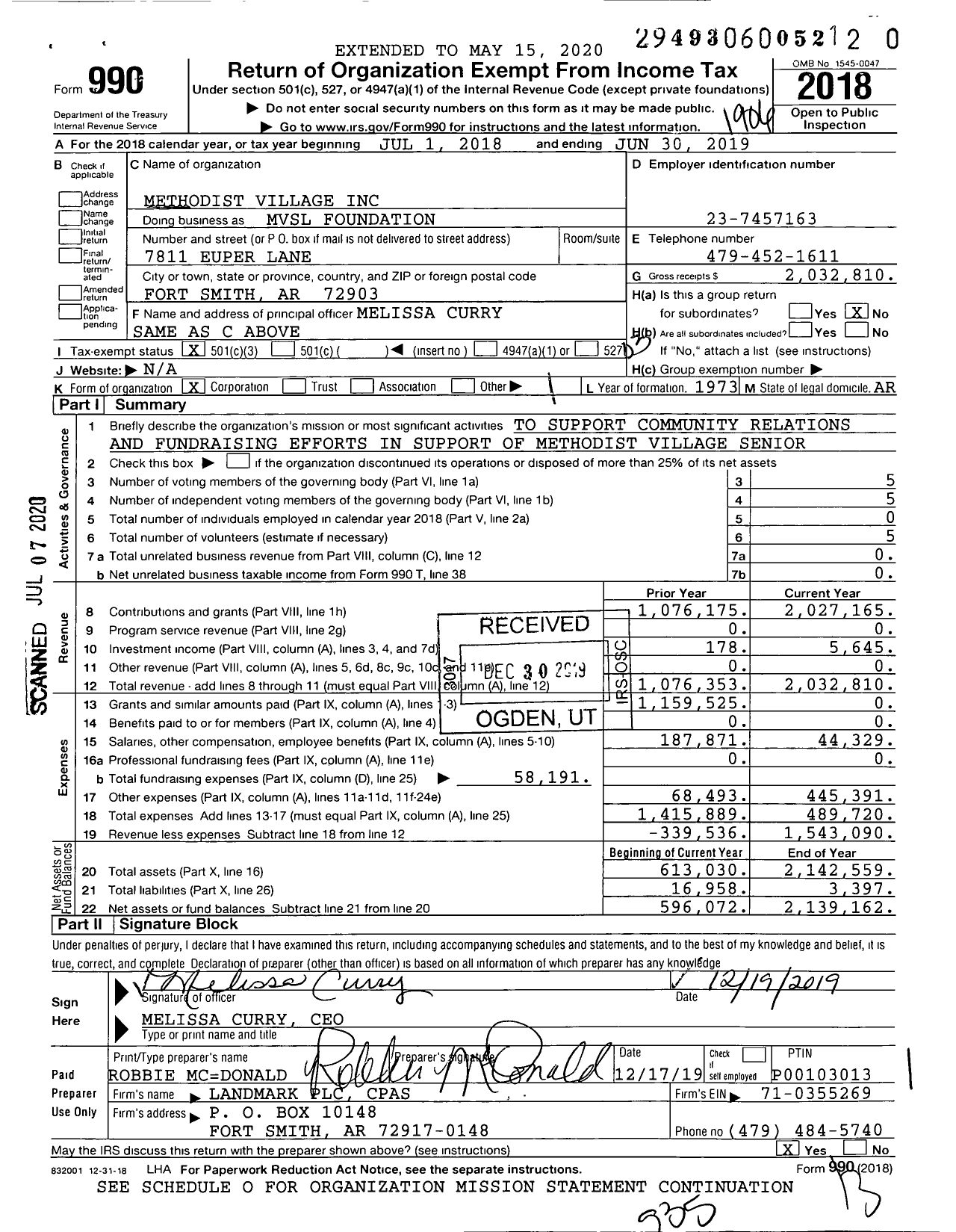 Image of first page of 2018 Form 990 for MVSL Foundation