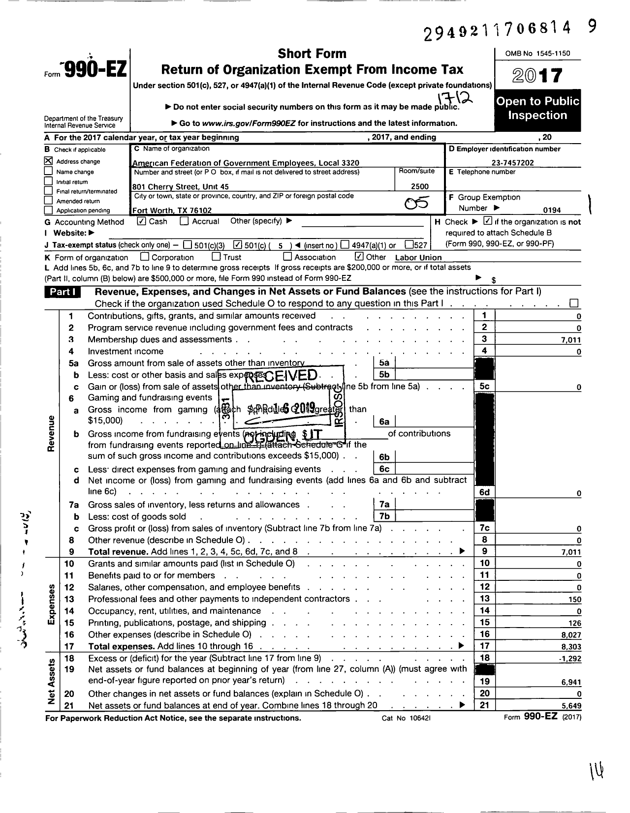 Image of first page of 2017 Form 990EO for American Federation of Government Employees - 3320 Afge-Hud Local