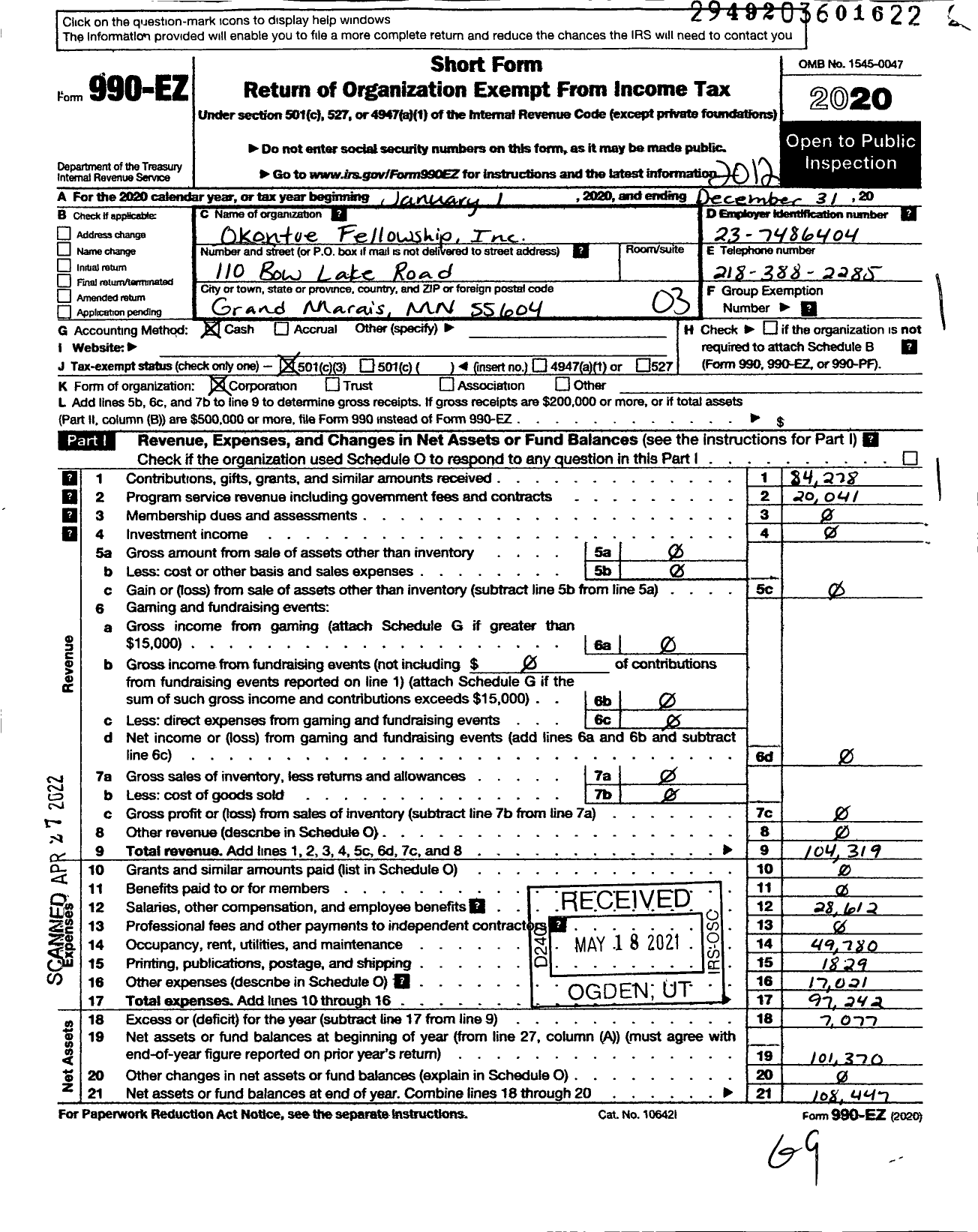 Image of first page of 2020 Form 990EZ for Okontoe Fellowship