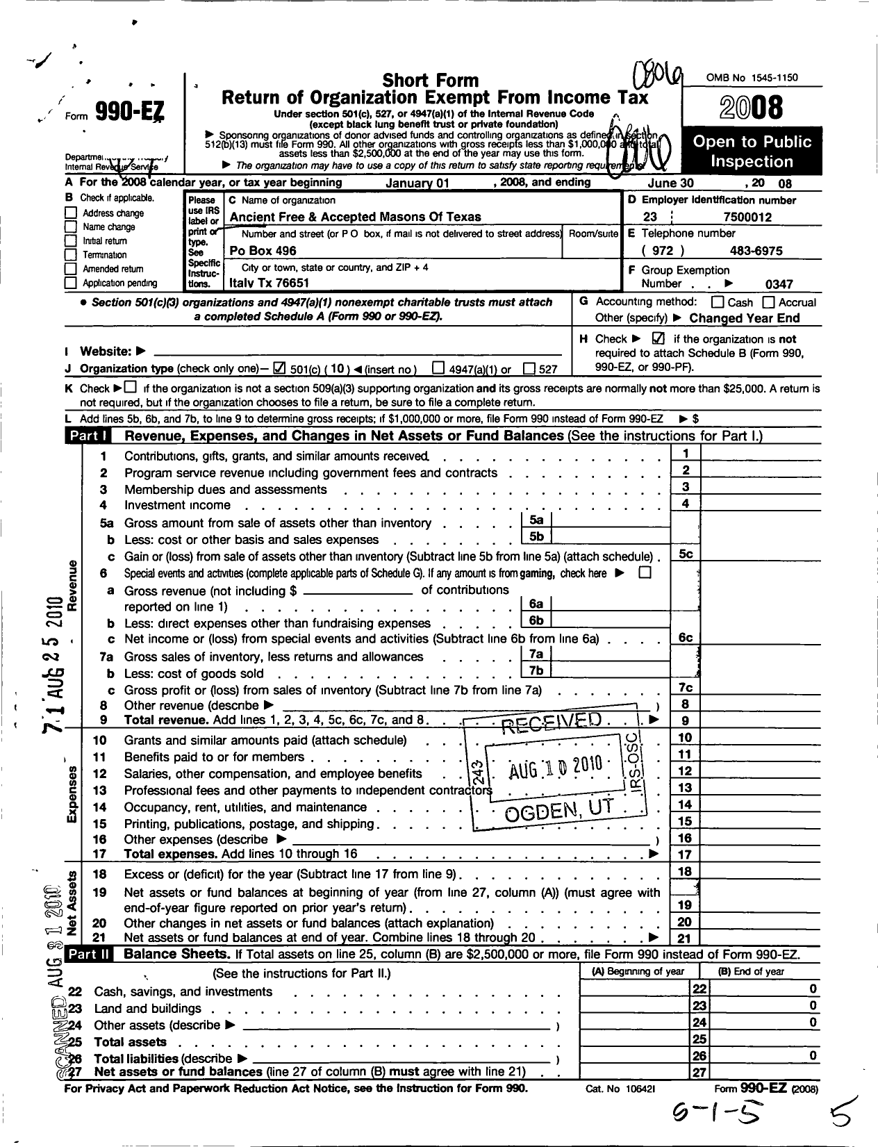 Image of first page of 2007 Form 990EO for Freemasons in Texas - 647 Italy