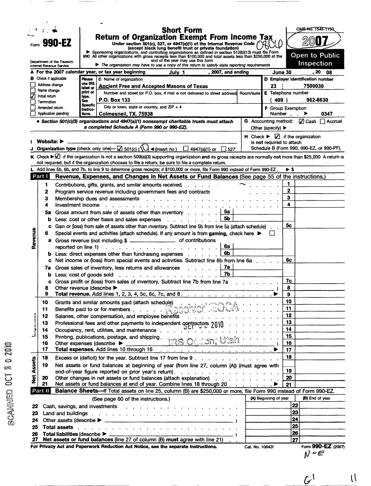 Image of first page of 2007 Form 990EO for Freemasons in Texas - 679 Yellow Pine