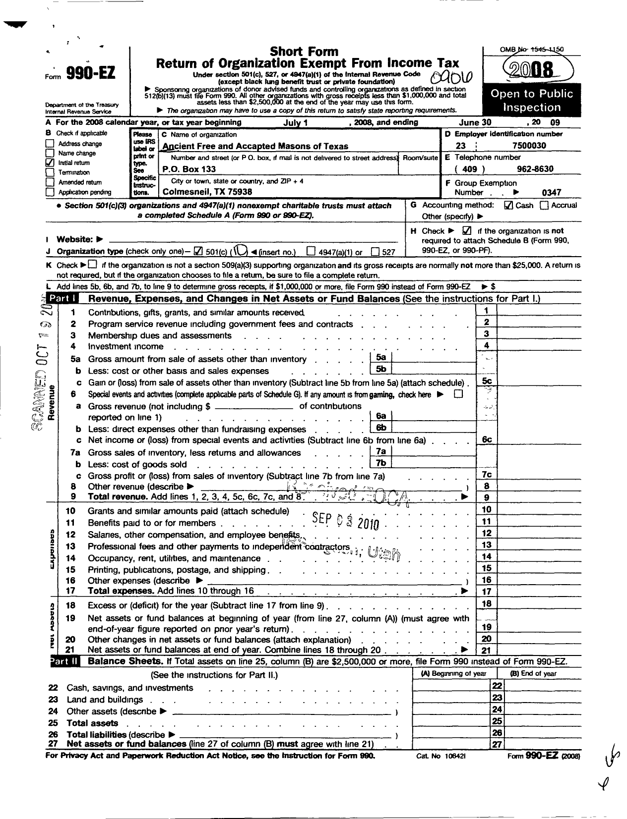 Image of first page of 2008 Form 990EO for Freemasons in Texas - 679 Yellow Pine