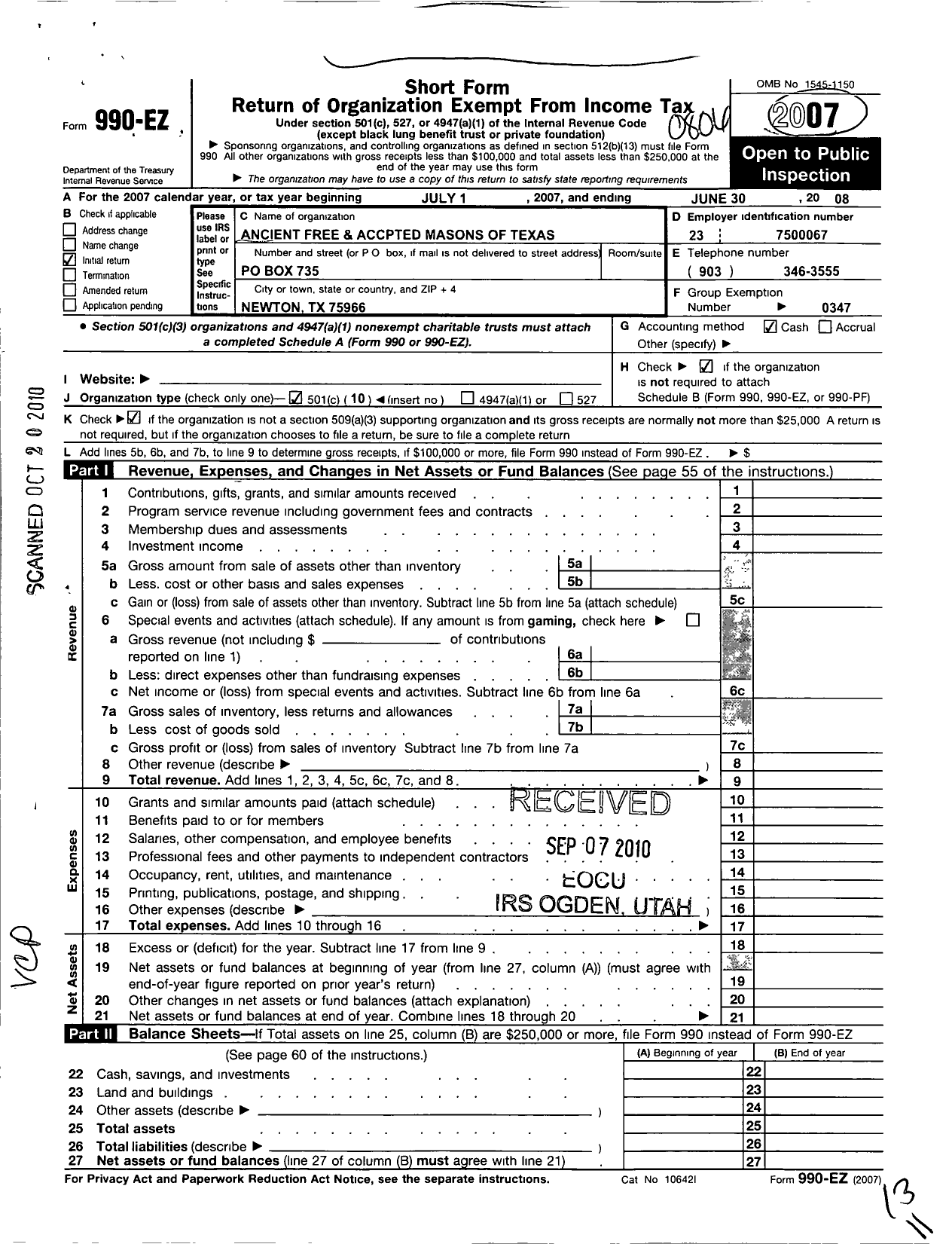 Image of first page of 2007 Form 990EO for Freemasons in Texas - 735 Rainbow