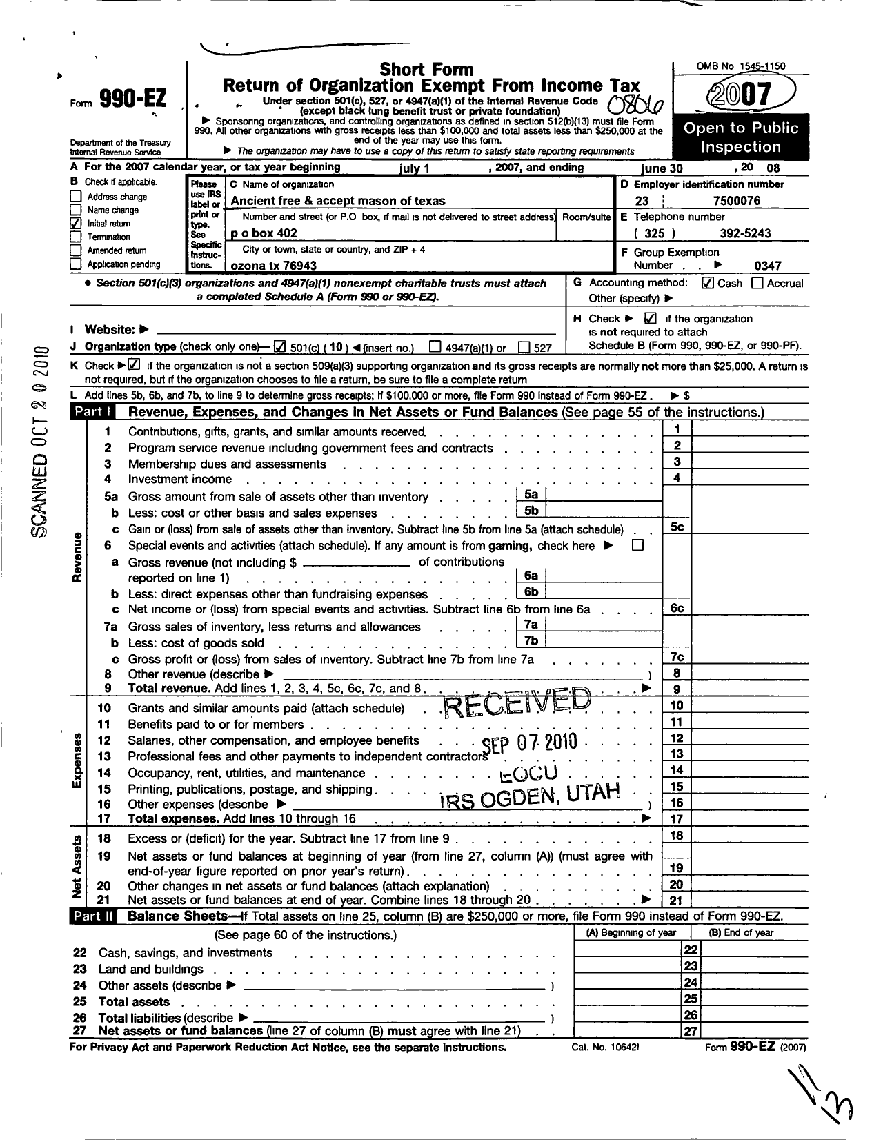 Image of first page of 2007 Form 990EO for Freemasons in Texas - 747 Ozona