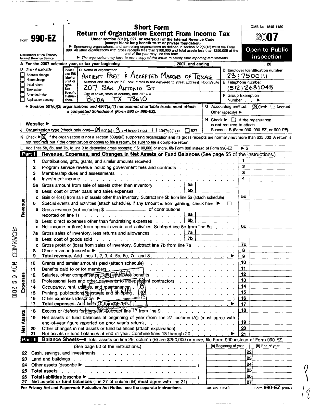 Image of first page of 2007 Form 990EZ for Freemasons in Texas - 800 Buda