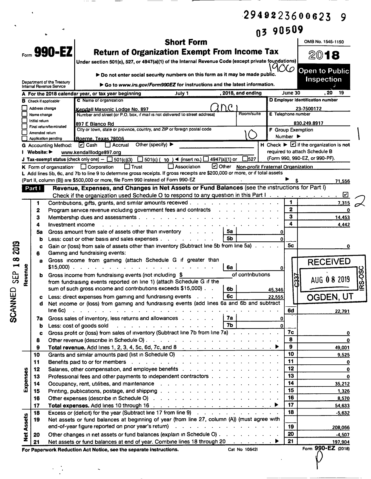 Image of first page of 2018 Form 990EO for Freemasons in Texas - 897 Kendall