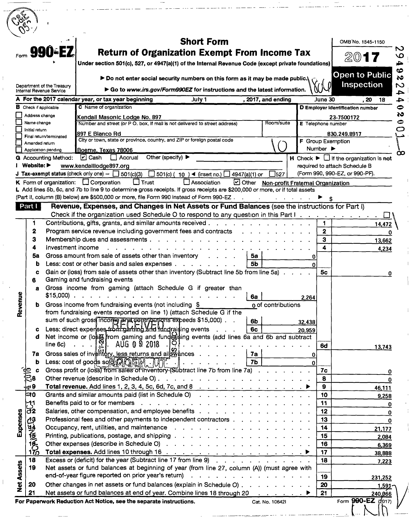 Image of first page of 2017 Form 990EO for Freemasons in Texas - 897 Kendall