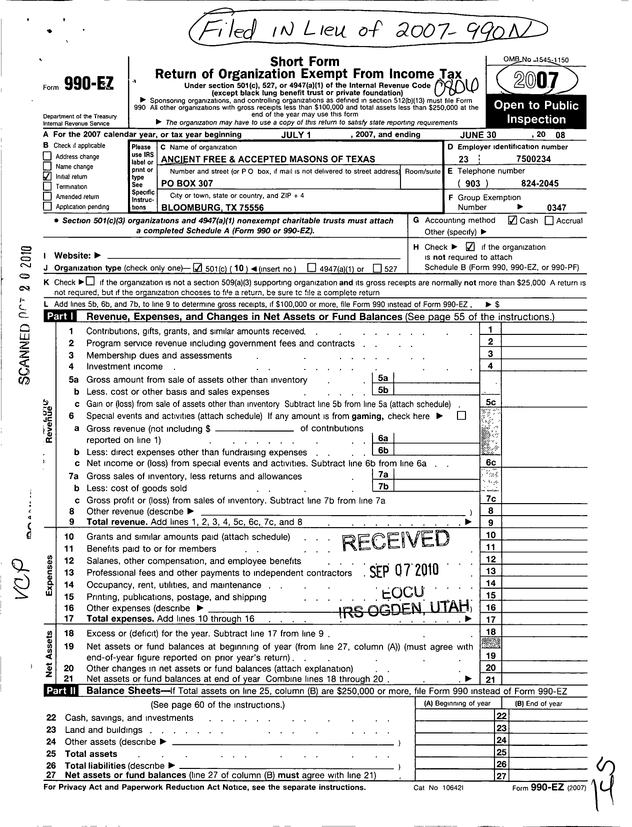 Image of first page of 2007 Form 990EO for Freemasons in Texas - 1007 Bloomburg