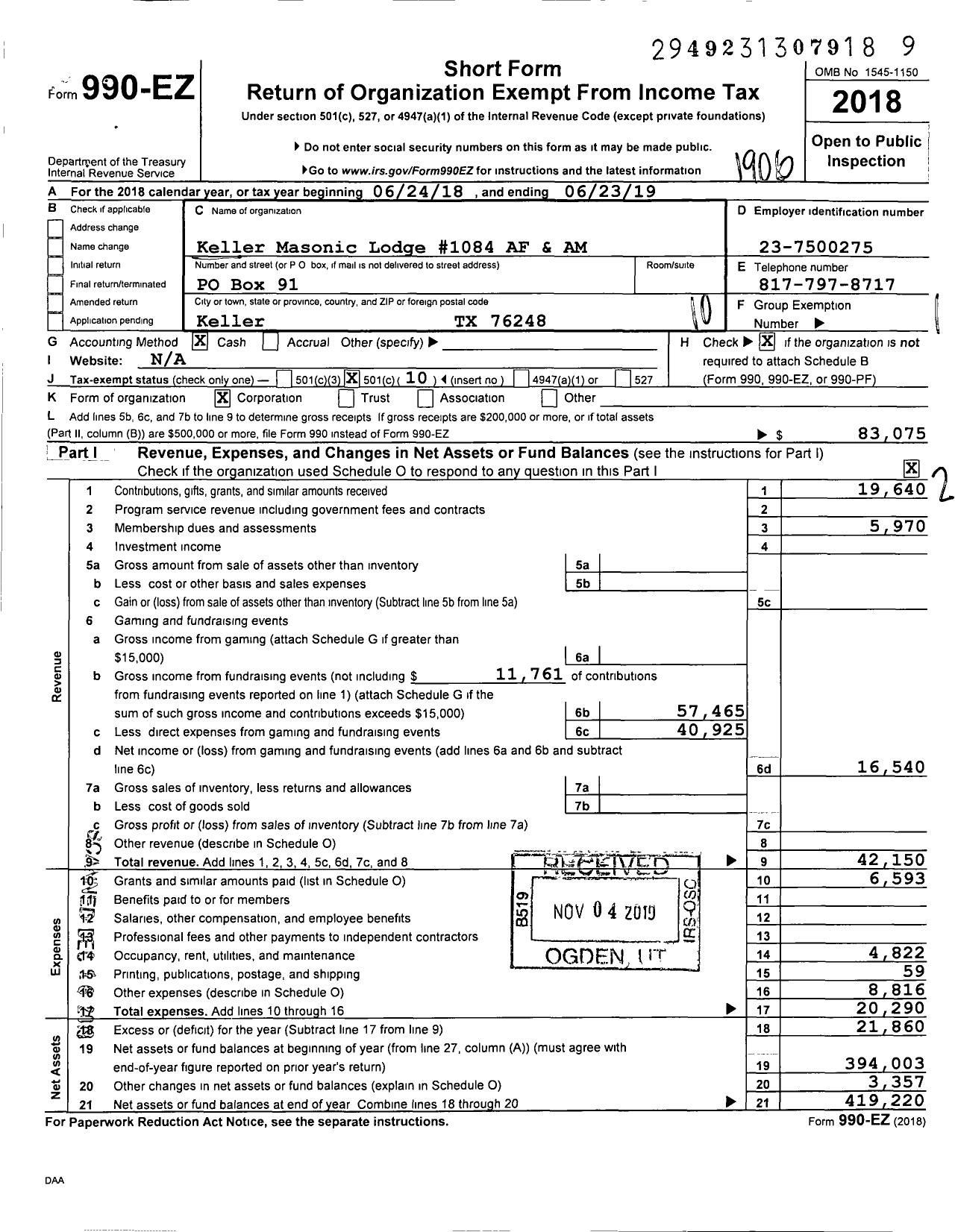 Image of first page of 2018 Form 990EO for Freemasons in Texas - 1084 Keller