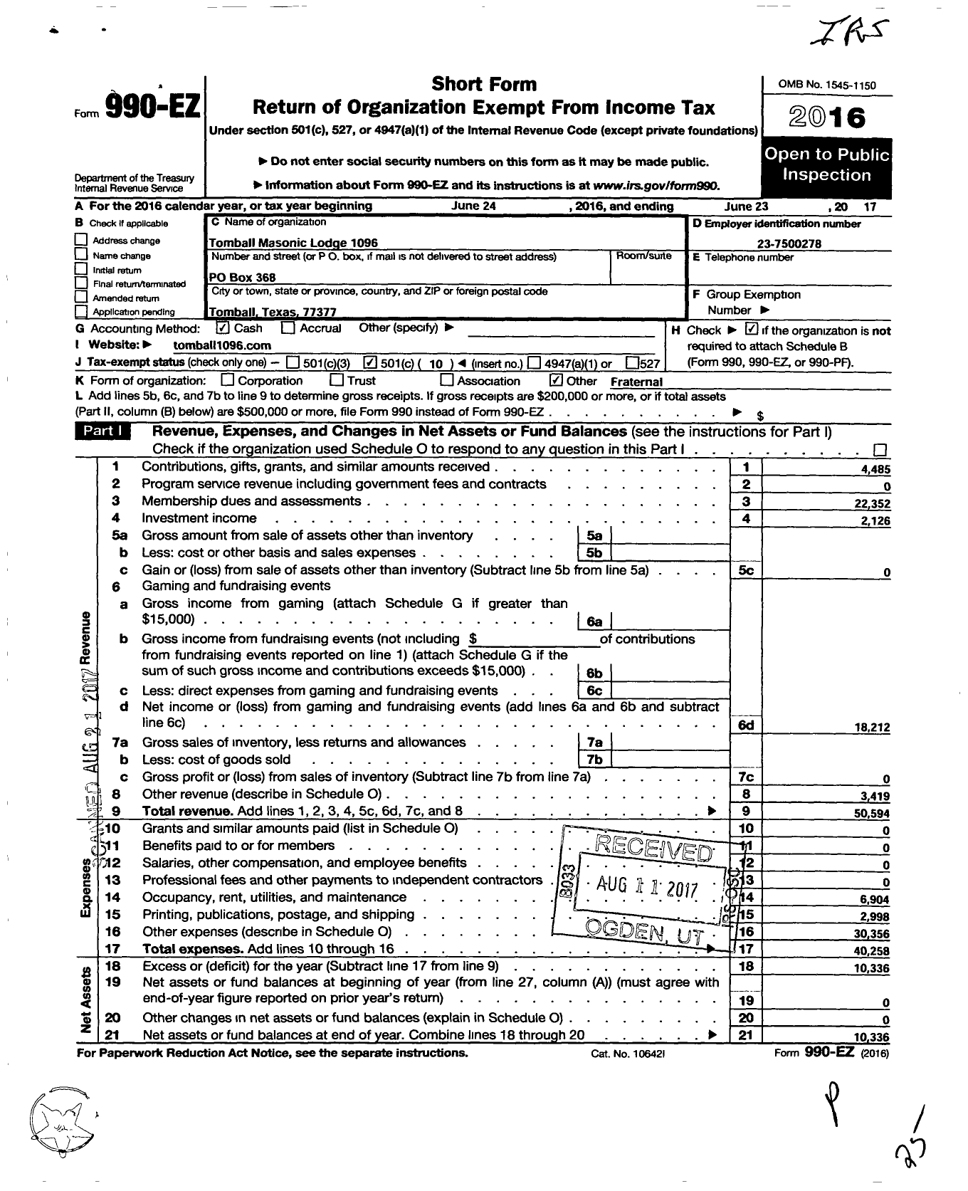 Image of first page of 2016 Form 990EO for Freemasons in TEXAS - 1096 TOMBALL