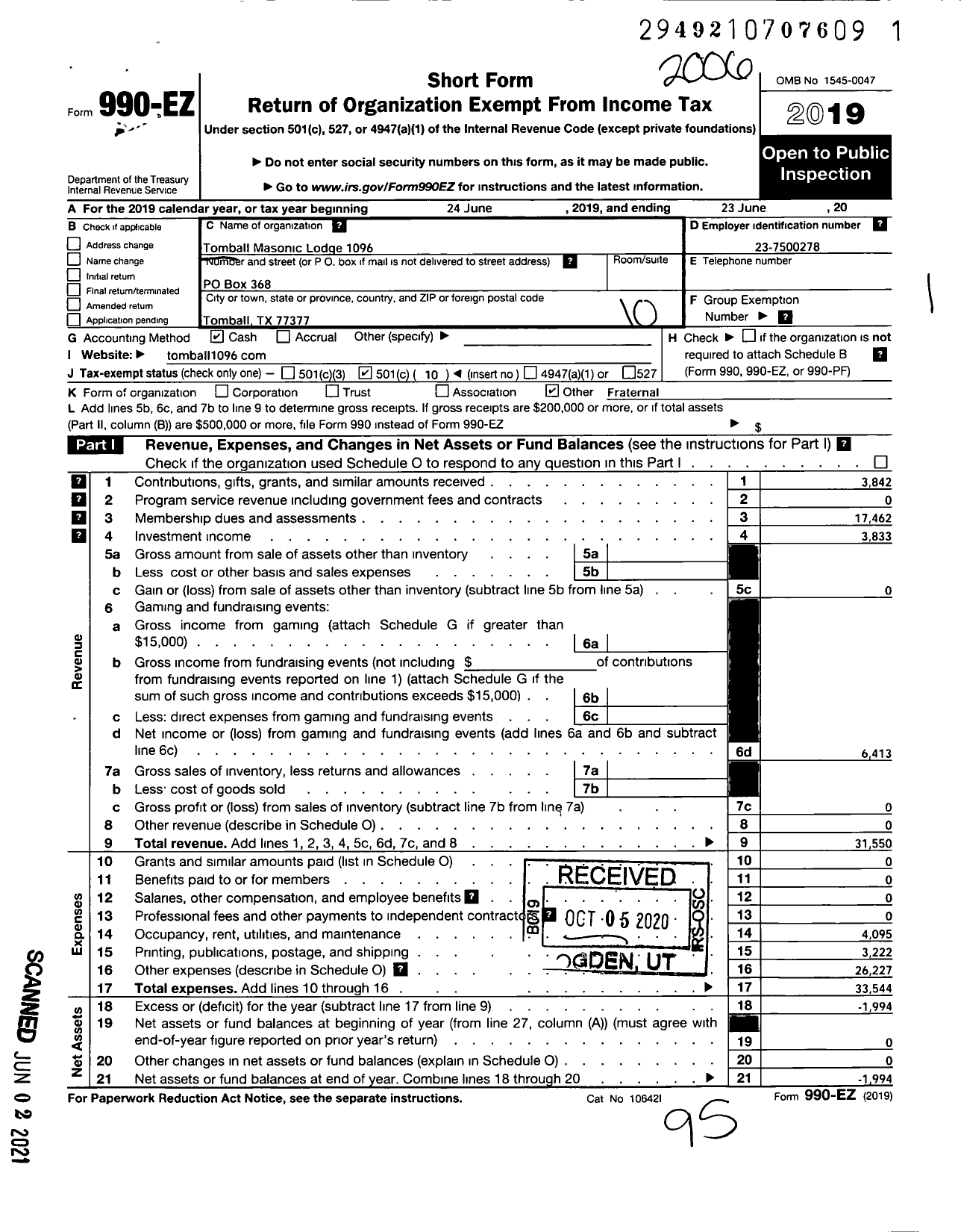 Image of first page of 2019 Form 990EO for Freemasons in TEXAS - 1096 TOMBALL