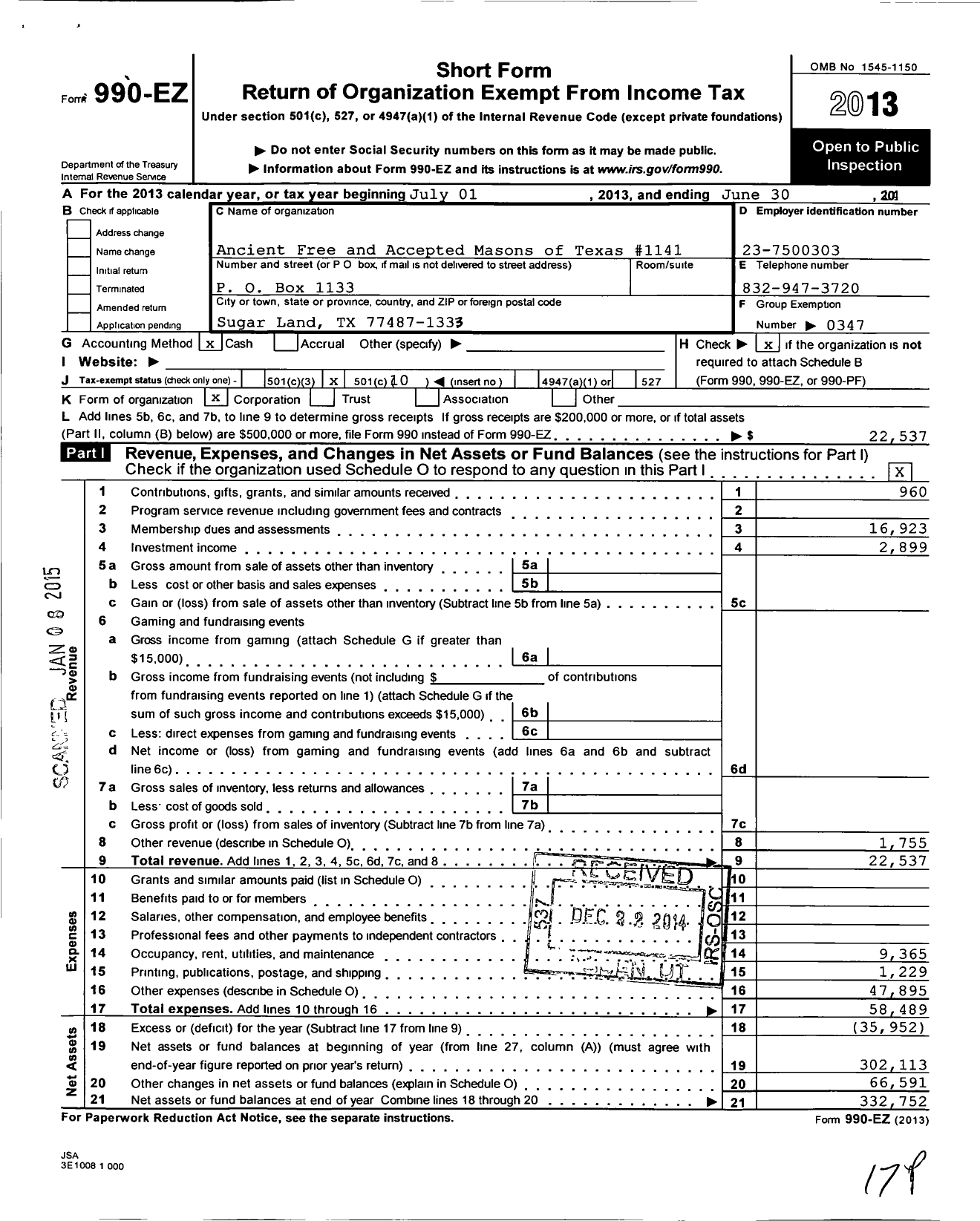 Image of first page of 2013 Form 990EO for Freemasons in Texas - 1141 Sugar Land