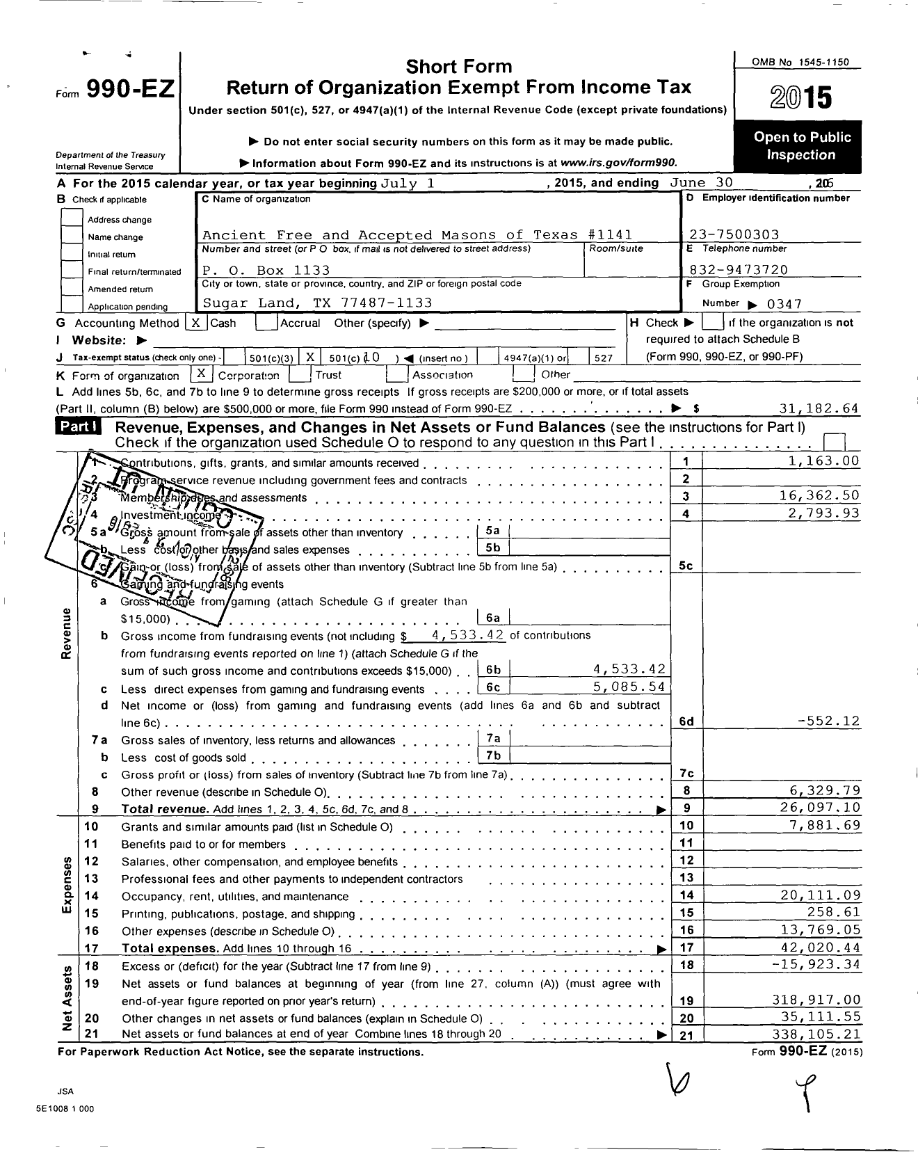 Image of first page of 2015 Form 990EO for Freemasons in Texas - 1141 Sugar Land