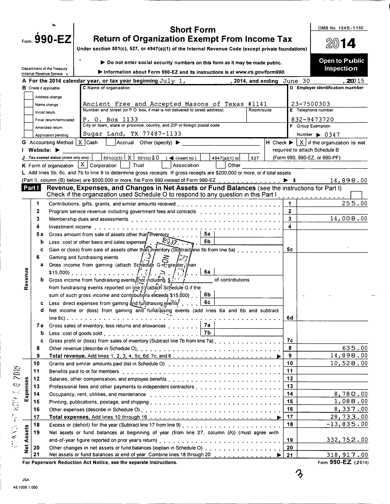 Image of first page of 2014 Form 990EO for Freemasons in Texas - 1141 Sugar Land