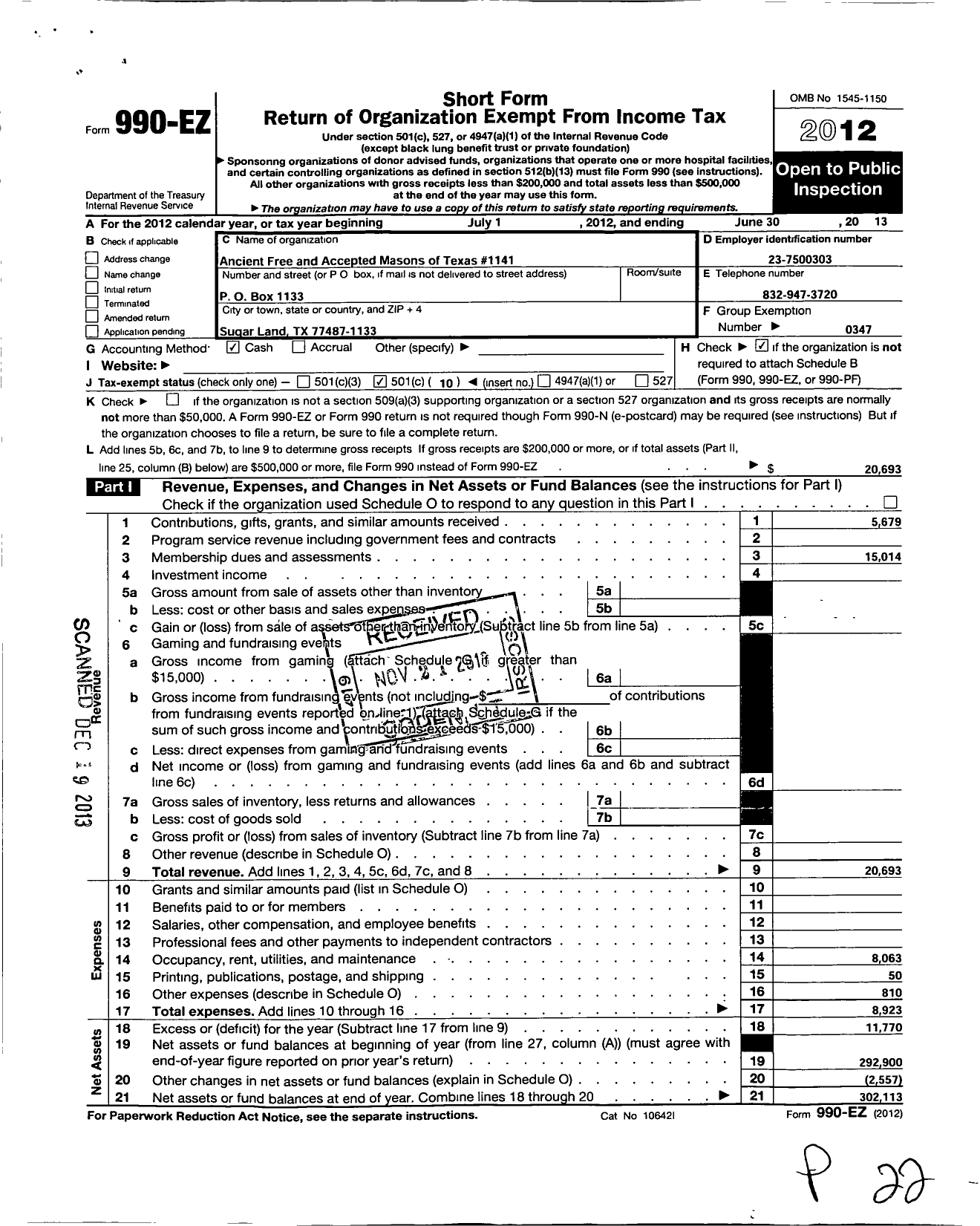 Image of first page of 2012 Form 990EO for Freemasons in Texas - 1141 Sugar Land