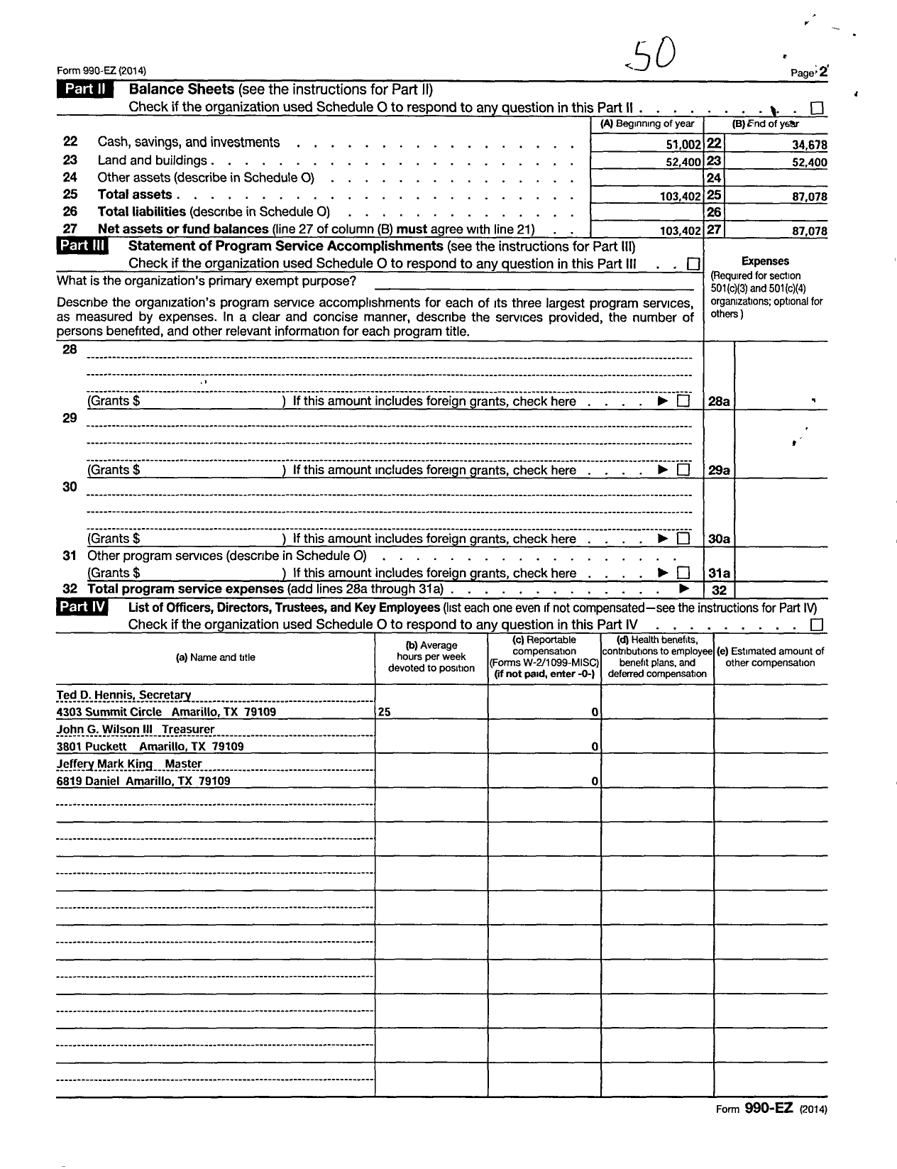 Image of first page of 2014 Form 990EZ for Freemasons in Texas - 1239 Palo Duro