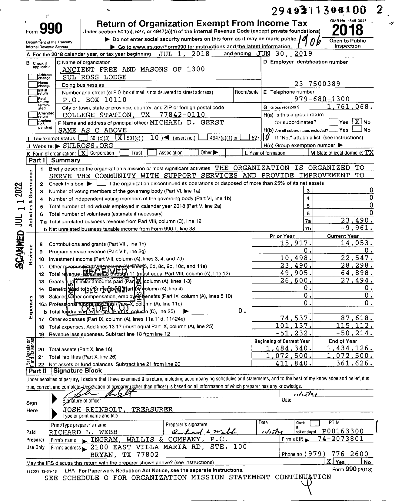 Image of first page of 2018 Form 990O for Freemasons in Texas - 1300 Sul Ross