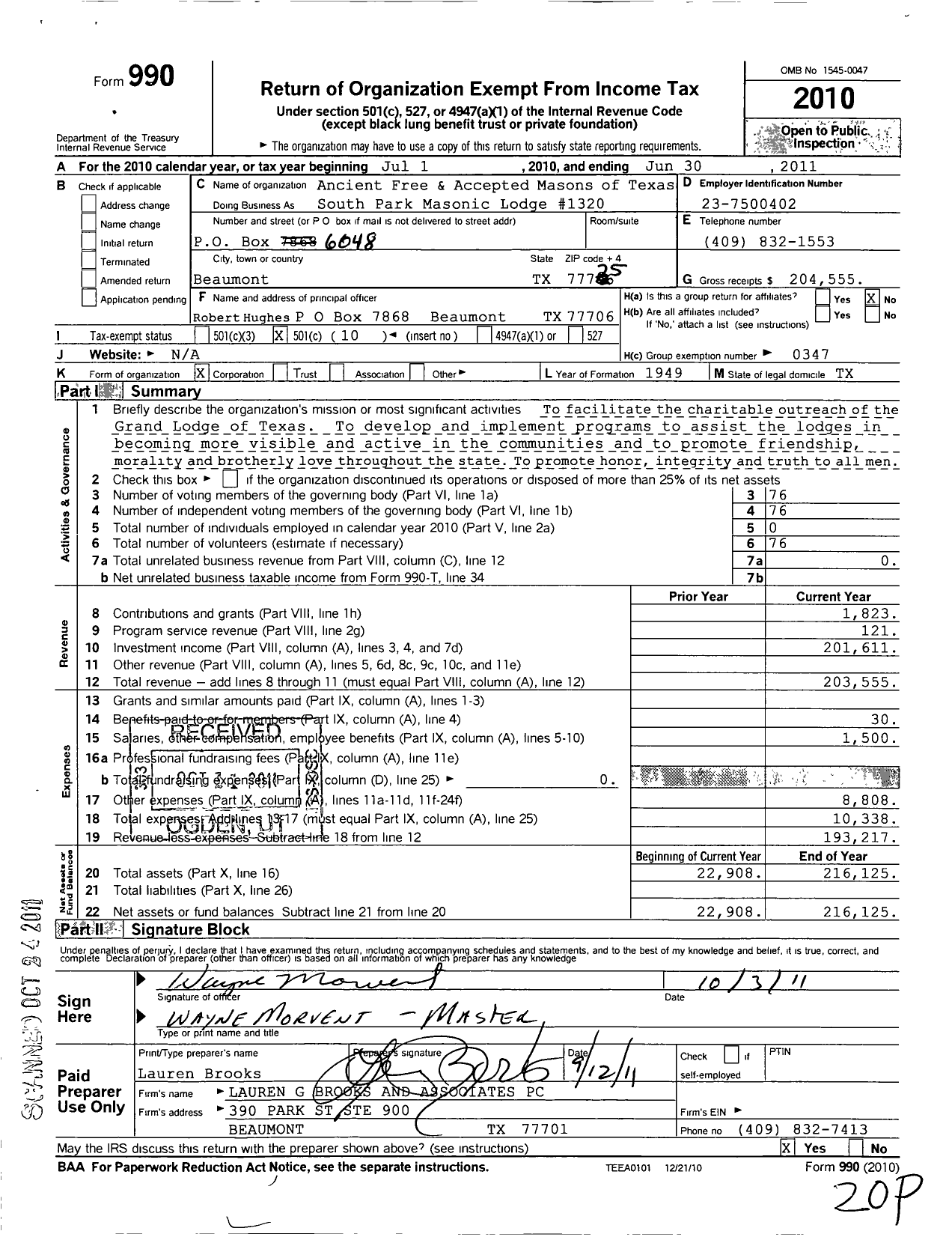 Image of first page of 2010 Form 990O for Freemasons in Texas - South Park Masonic Lodge 1320