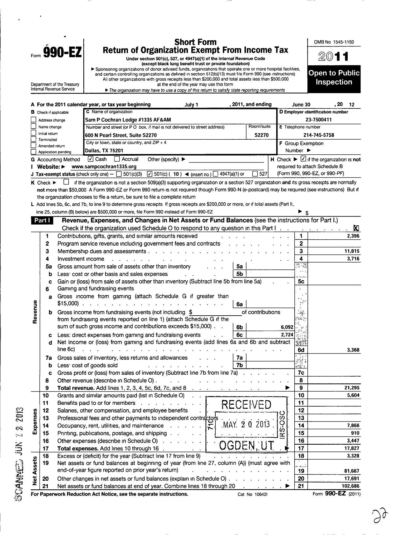 Image of first page of 2011 Form 990EO for Ancient Free and Accepted Masons of Texas