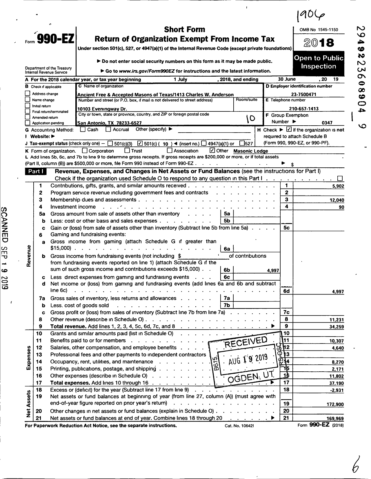 Image of first page of 2018 Form 990EO for Freemasons in Texas - 1413 Charles W Anderson