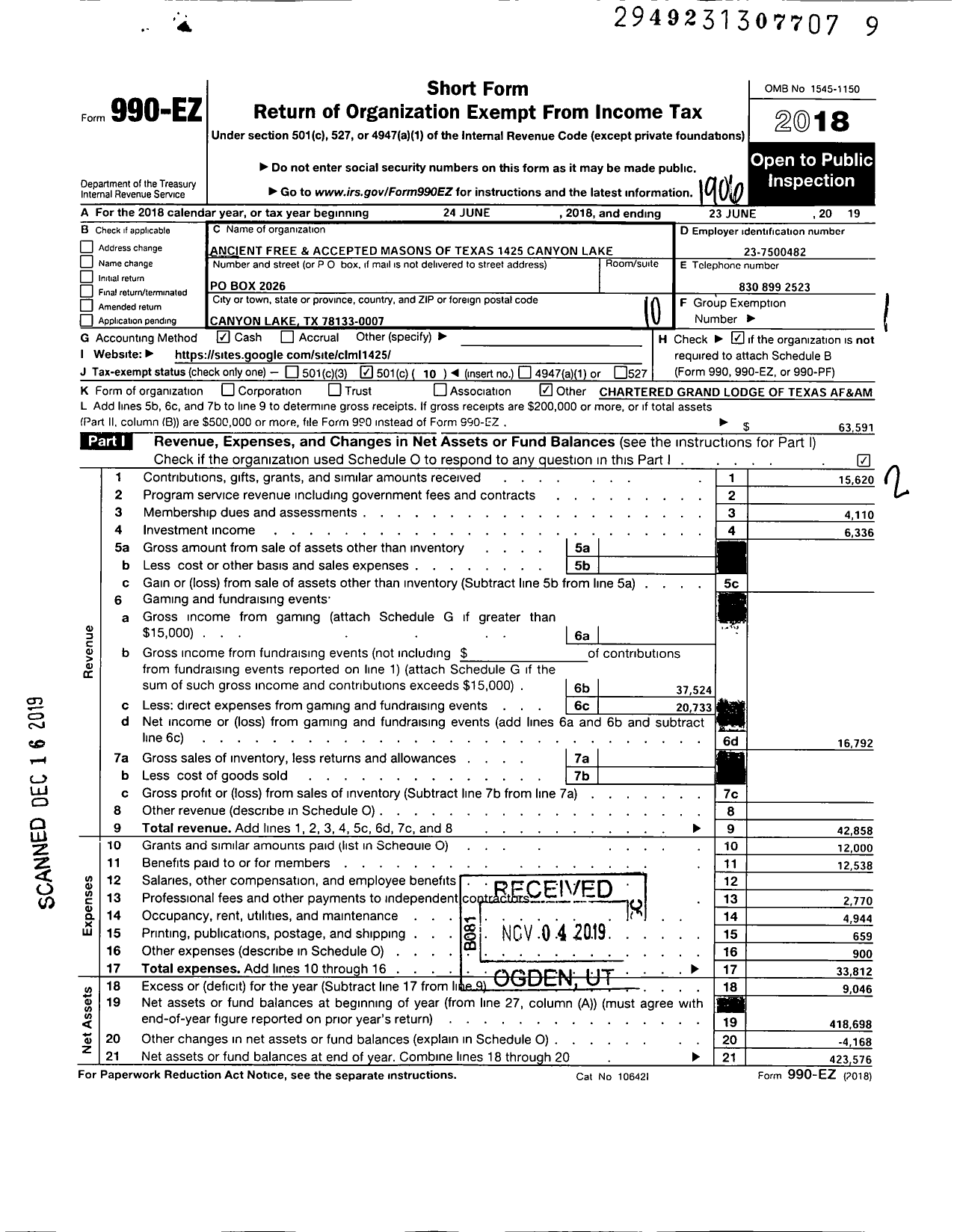 Image of first page of 2018 Form 990EO for Freemasons in TEXAS - 1425 Canyon Lake