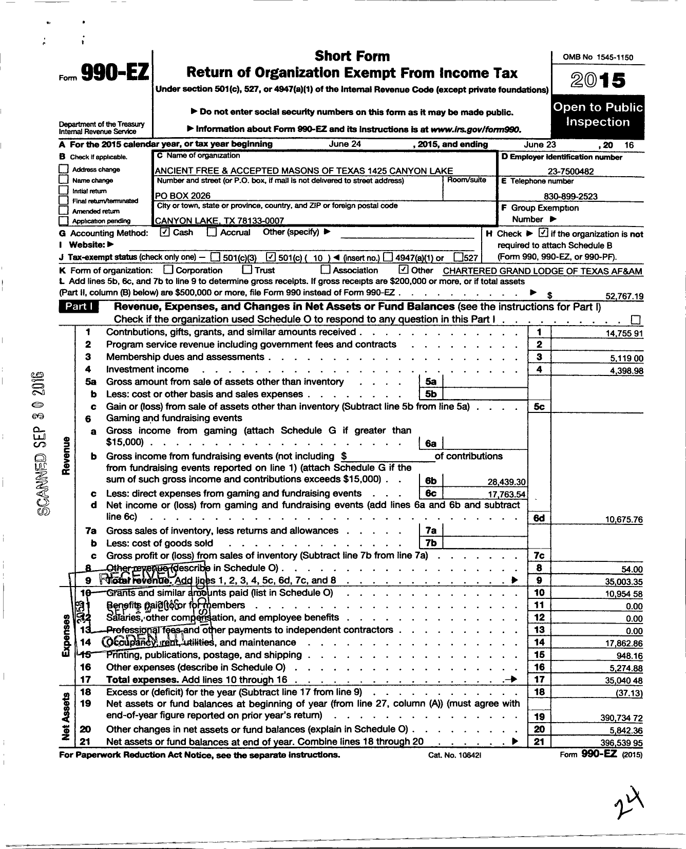 Image of first page of 2015 Form 990EO for Freemasons in TEXAS - 1425 Canyon Lake