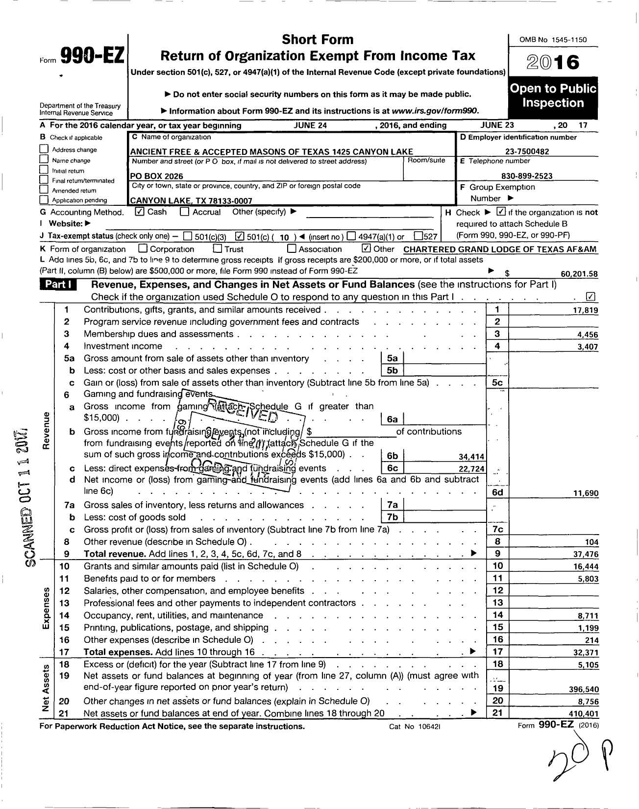 Image of first page of 2016 Form 990EO for Freemasons in TEXAS - 1425 Canyon Lake