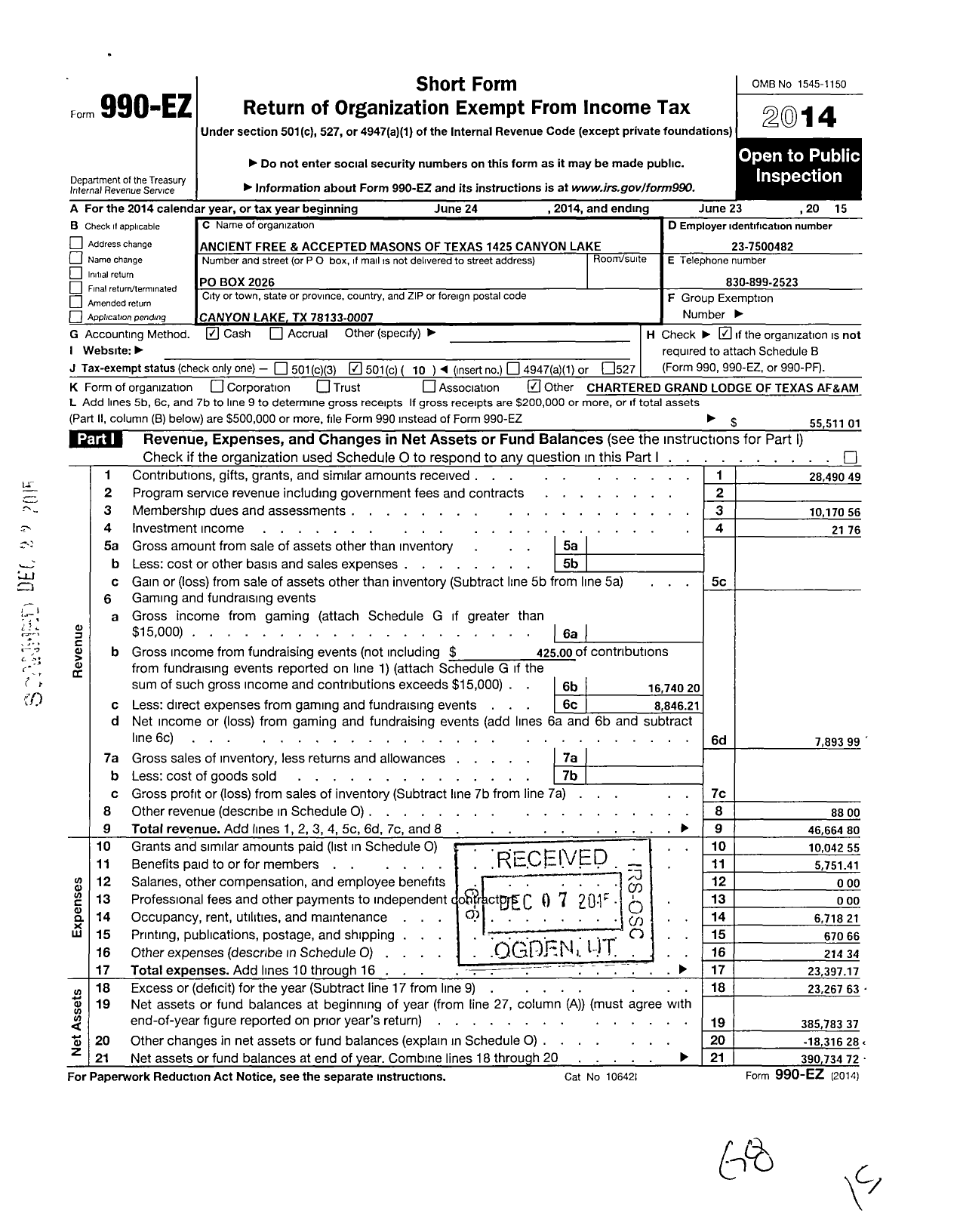 Image of first page of 2014 Form 990EO for Freemasons in TEXAS - 1425 Canyon Lake