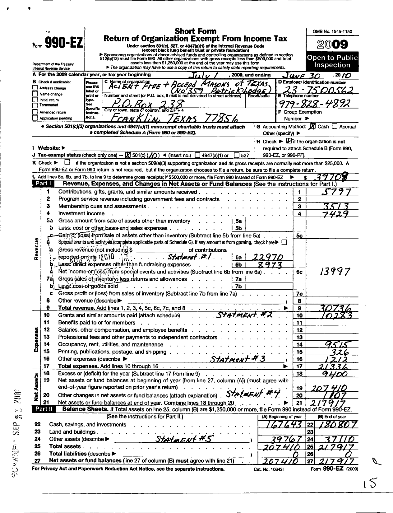 Image of first page of 2009 Form 990EO for Freemasons in Texas - 359 Patrick