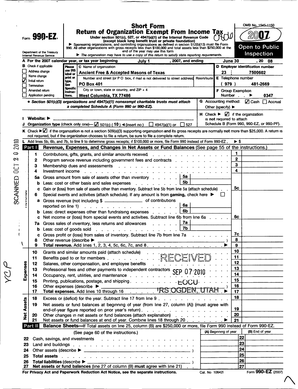 Image of first page of 2007 Form 990EO for Freemasons in Texas - 5 St Johns