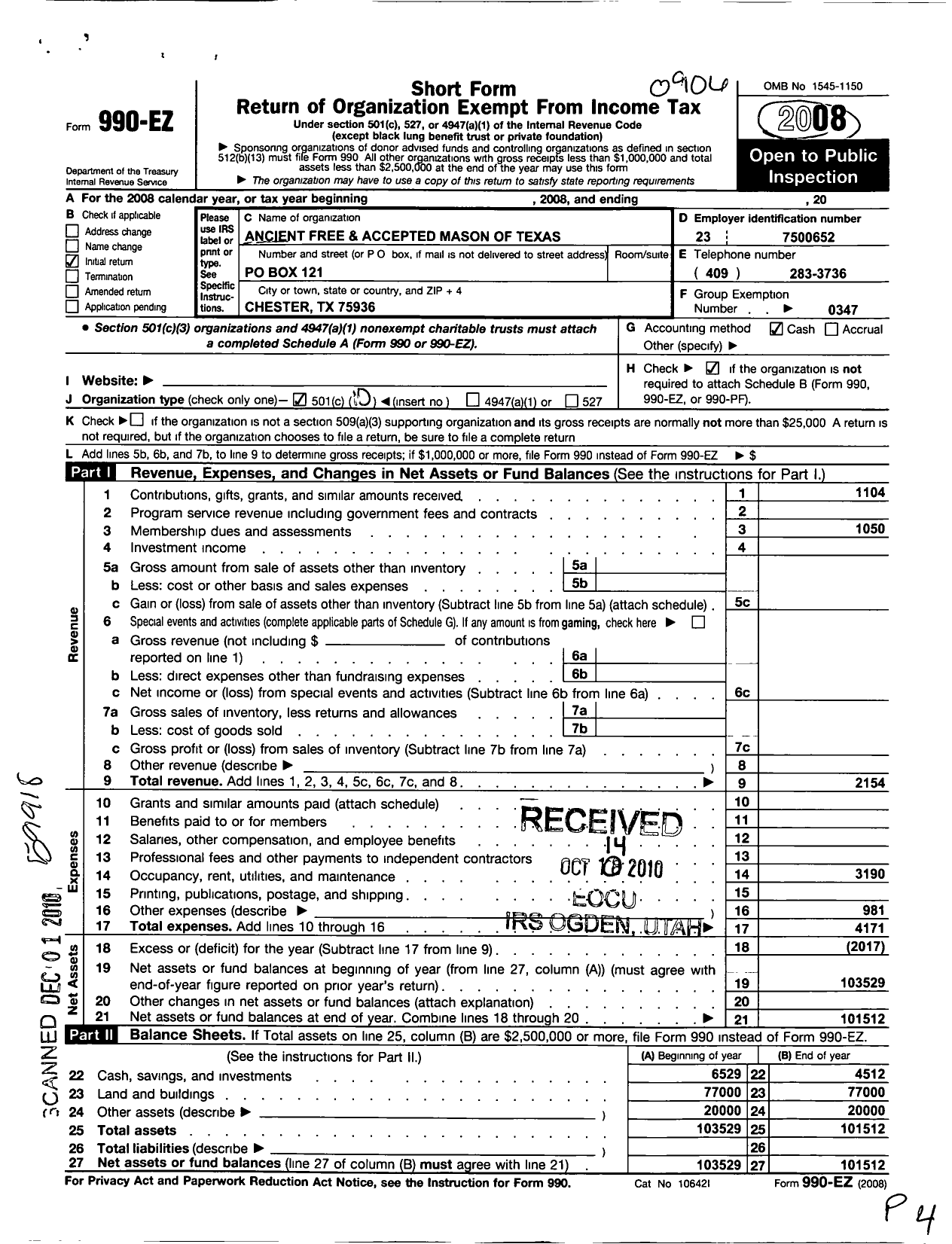 Image of first page of 2008 Form 990EO for Freemasons in Texas - 121 MT Hope