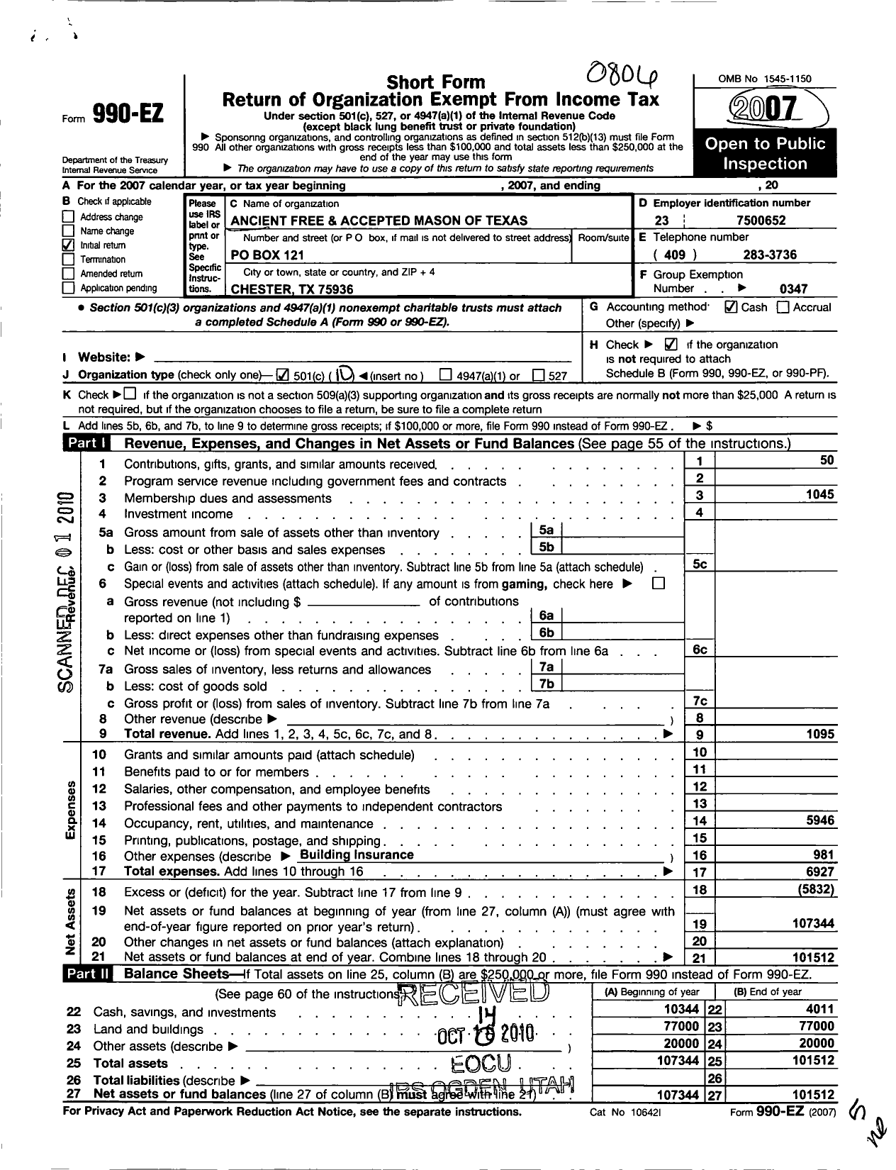 Image of first page of 2007 Form 990EO for Freemasons in Texas - 121 MT Hope