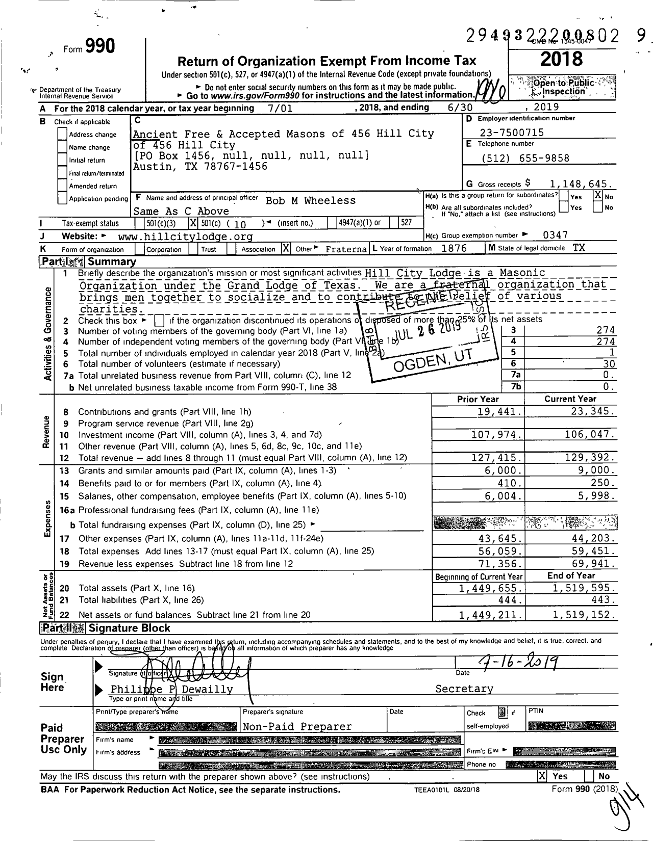 Image of first page of 2018 Form 990O for Freemasons in Texas - 456 Hill City