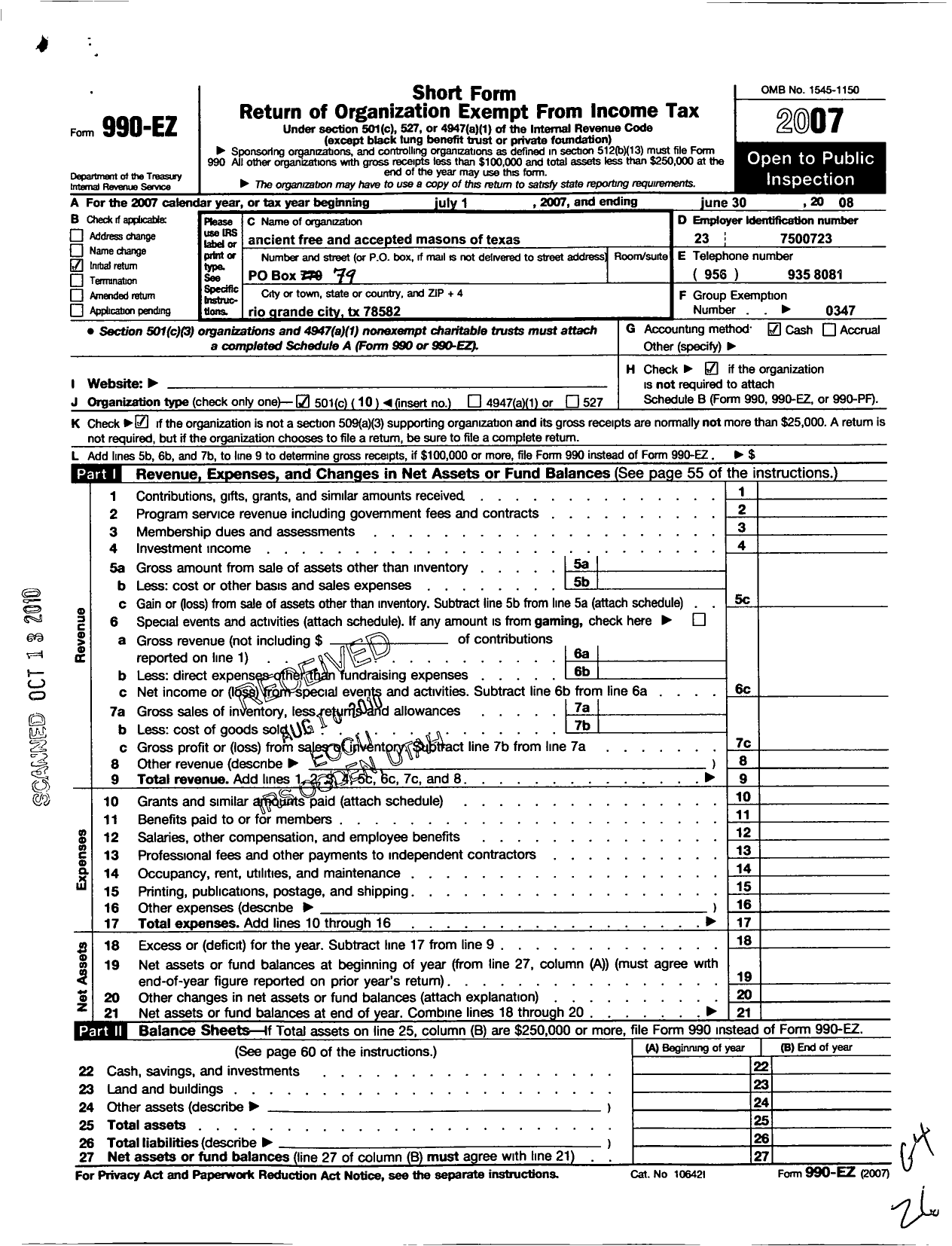 Image of first page of 2007 Form 990EO for Freemasons in Texas - 471 Hope