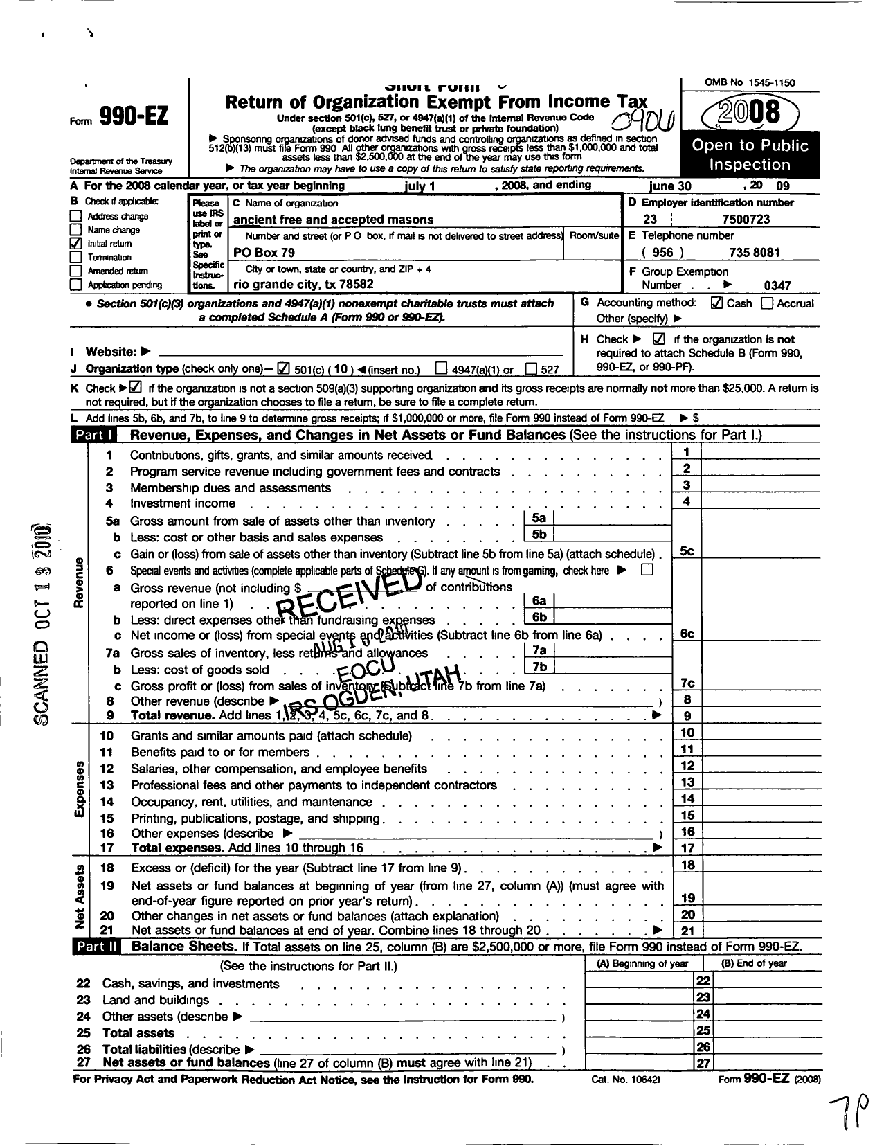 Image of first page of 2008 Form 990EO for Freemasons in Texas - 471 Hope