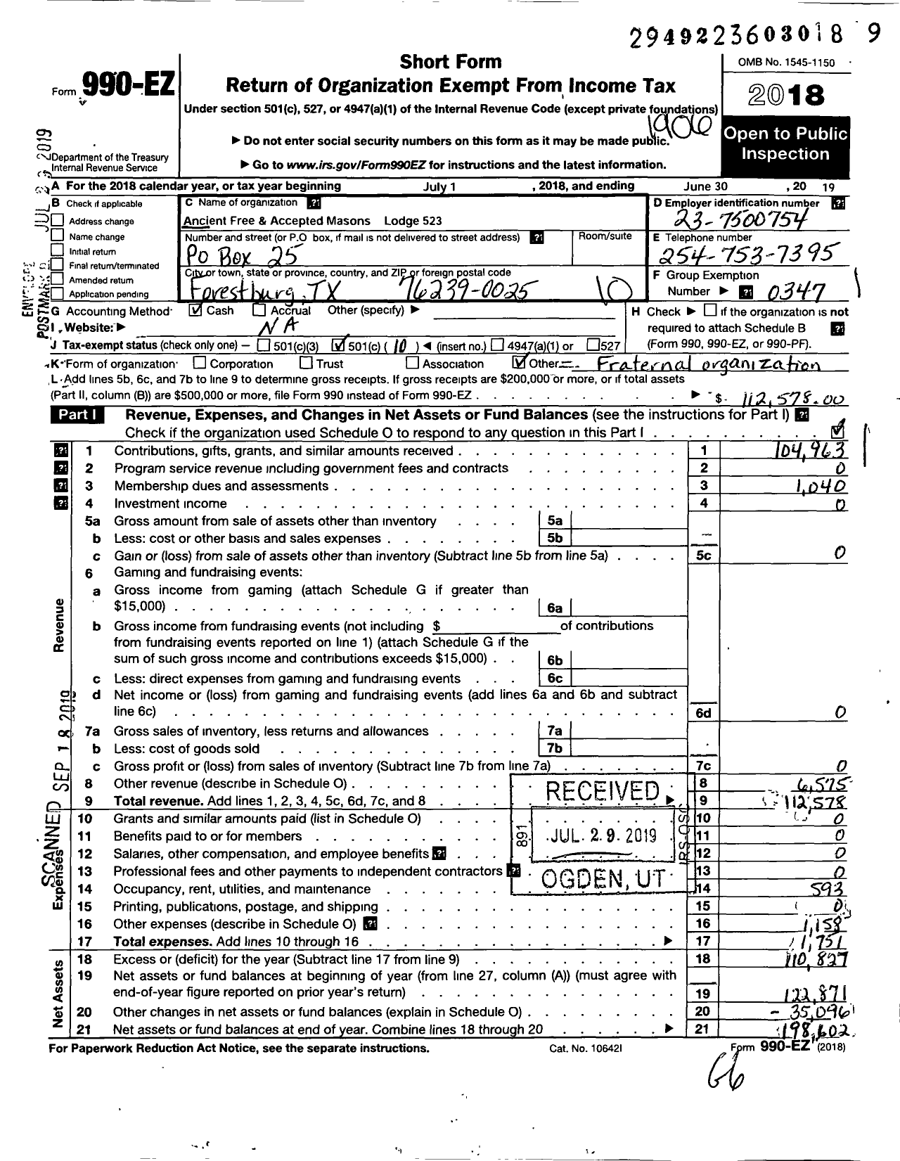 Image of first page of 2018 Form 990EO for Freemasons in Texas - 523 Forestburg