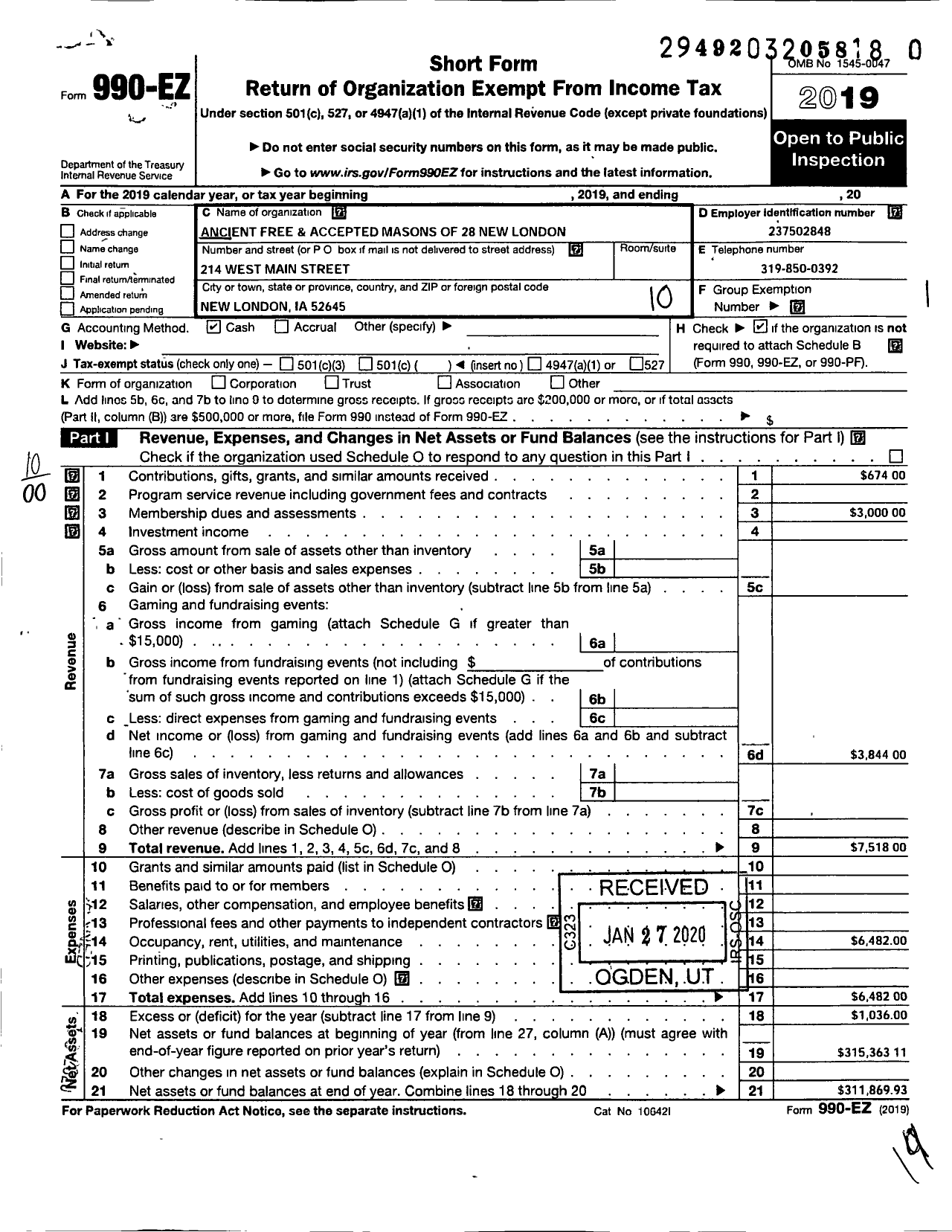 Image of first page of 2019 Form 990EO for Ancient Free and Accepted Masons of Iowa - 28 New London