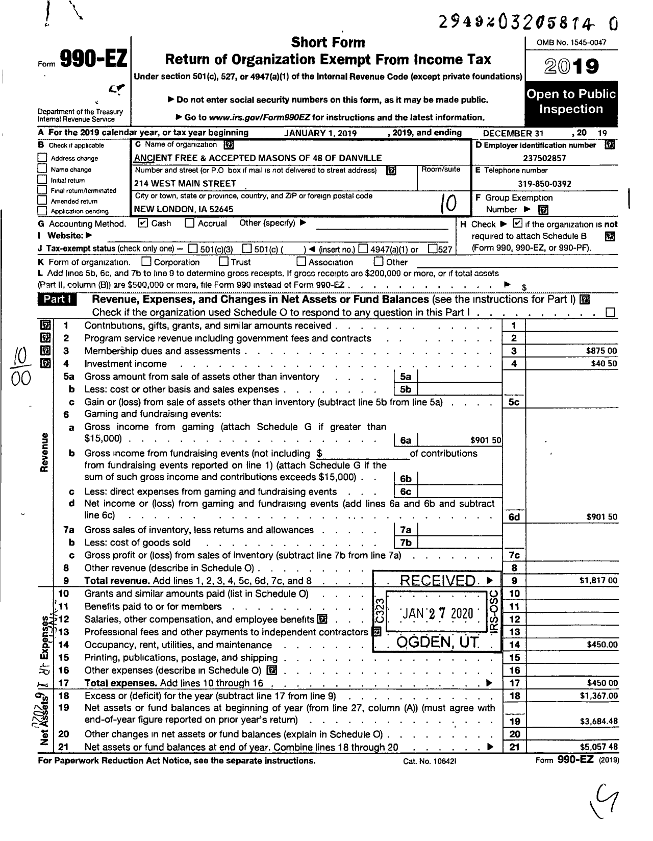 Image of first page of 2019 Form 990EO for Ancient Free and Accepted Masons of Iowa - 48 Danville